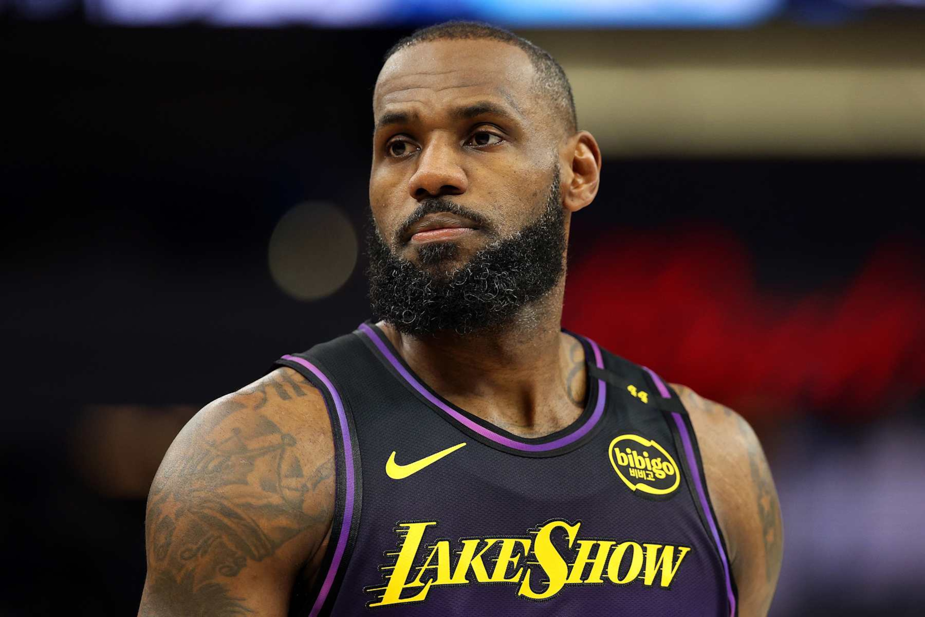 MINNEAPOLIS, MINNESOTA - DECEMBER 02: LeBron James #23 of the Los Angeles Lakers looks on against the Minnesota Timberwolves in the first quarter at Target Center on December 02, 2024 in Minneapolis, Minnesota. The Timberwolves defeated the Lakers 109-80. NOTE TO USER: User expressly acknowledges and agrees that, by downloading and or using this photograph, User is consenting to the terms and conditions of the Getty Images License Agreement. (Photo by David Berding/Getty Images)