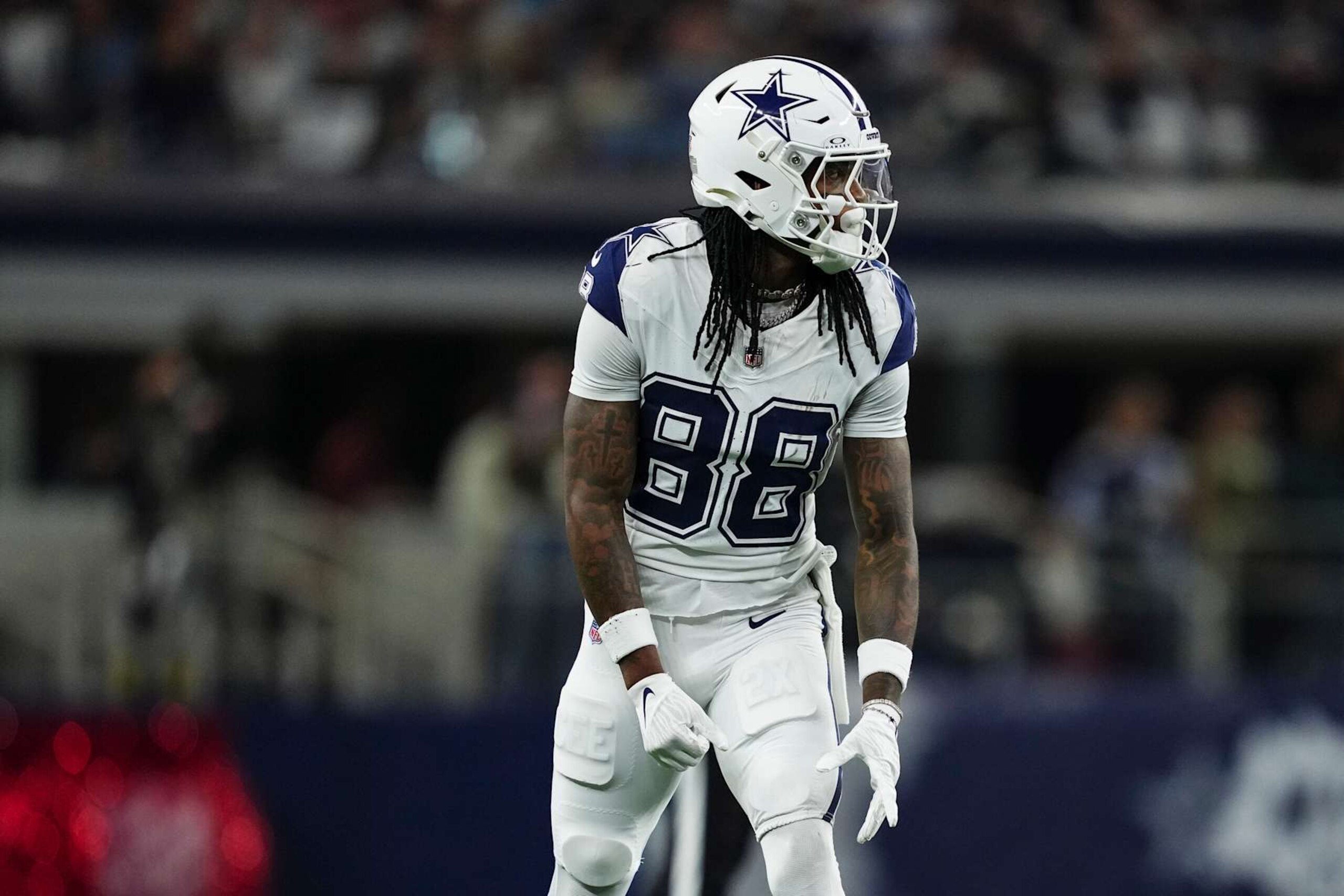 ARLINGTON, TX - DECEMBER 09: CeeDee Lamb #88 of the Dallas Cowboys lines up before the snap during an NFL football game against the Cincinnati Bengals at AT&T Stadium on December 9, 2024 in Arlington, Texas. (Photo by Cooper Neill/Getty Images)
