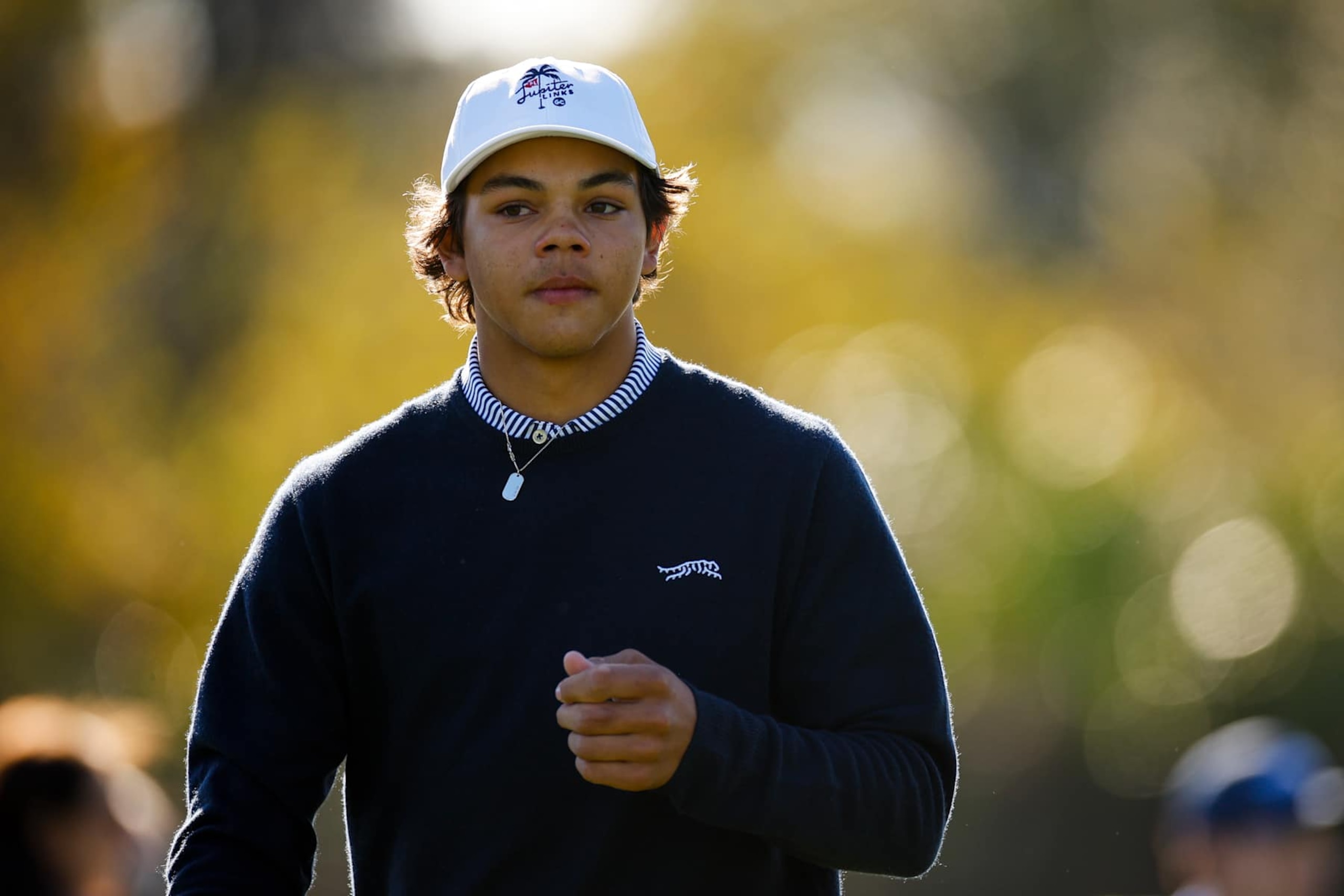ORLANDO, FLORIDA - DECEMBER 21: Charlie Woods, son of Tiger Woods, looks on before the first round of the PNC Championship at Ritz-Carlton Golf Club on December 21, 2024 in Orlando, Florida. (Photo by Mike Ehrmann/Getty Images)
