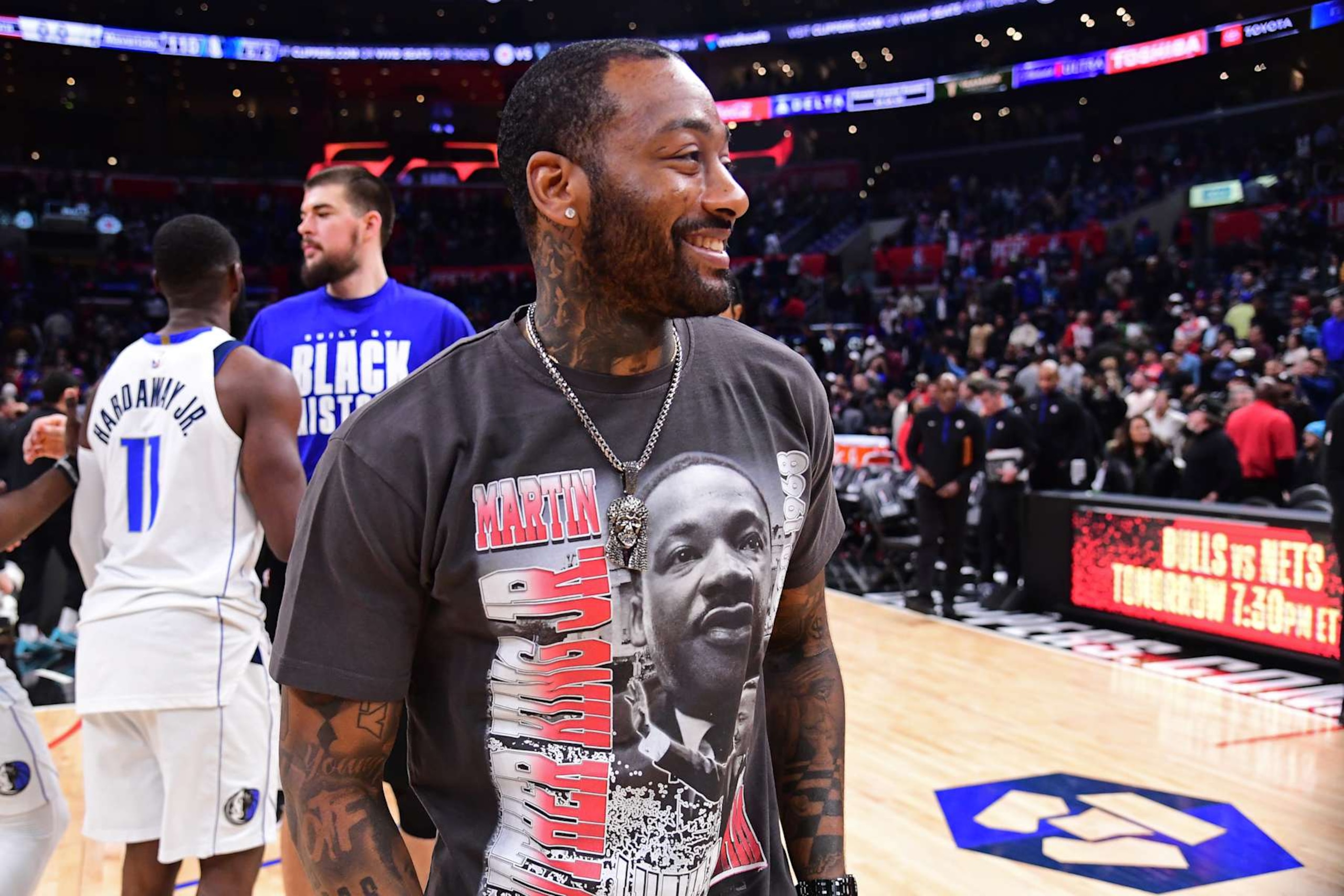 LOS ANGELES, CA - FEBRUARY 8:  John Wall #11 of the LA Clippers smiles after the game on February 8, 2023 at Crypto.Com Arena in Los Angeles, California. NOTE TO USER: User expressly acknowledges and agrees that, by downloading and/or using this Photograph, user is consenting to the terms and conditions of the Getty Images License Agreement. Mandatory Copyright Notice: Copyright 2023 NBAE (Photo by Adam Pantozzi/NBAE via Getty Images)