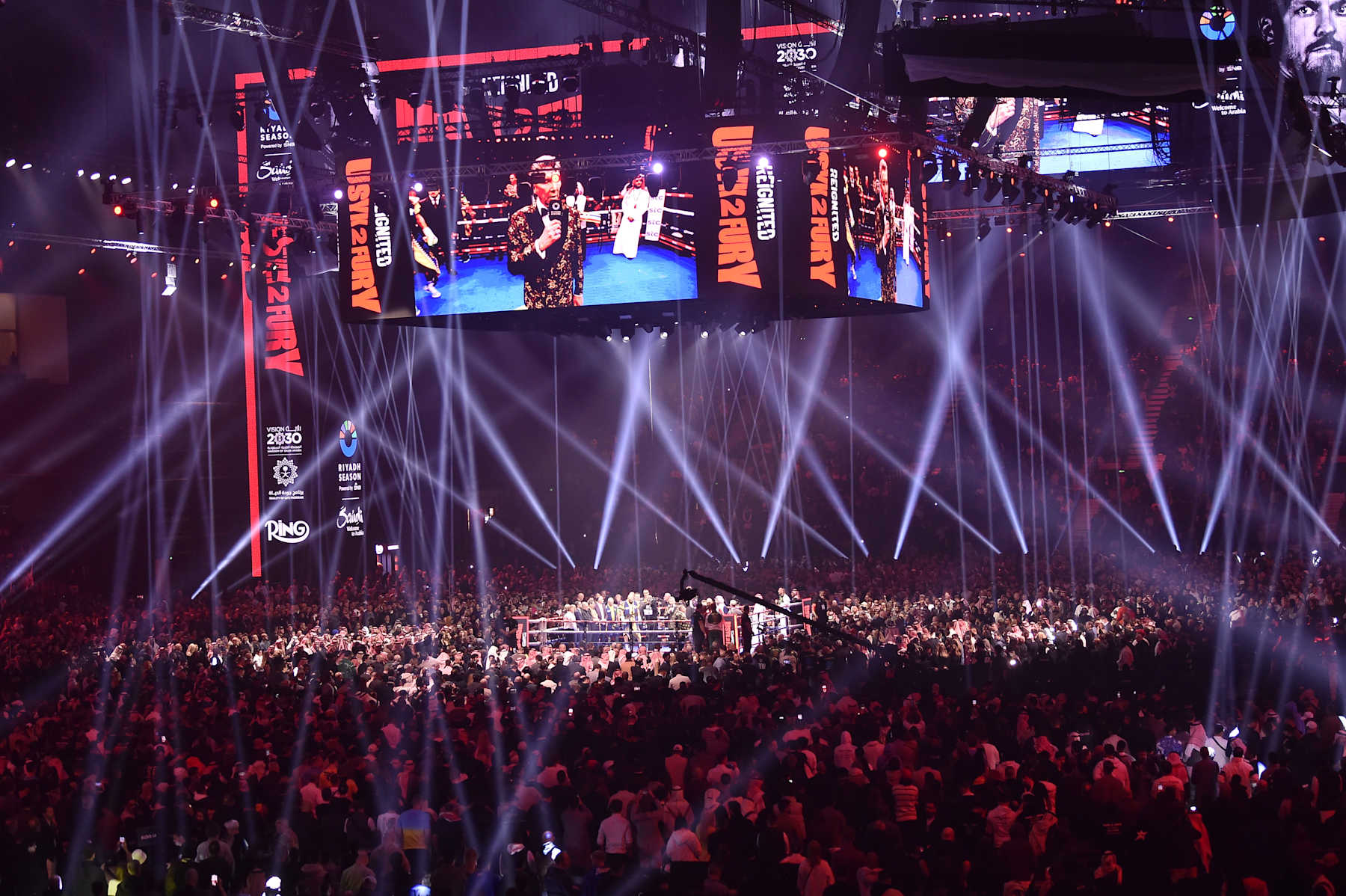 RIYADH, SAUDI ARABIA - DECEMBER 21: Oleksandr Usyk of Ukraine and Tyson Fury of United Kingdom compete during "Riyadh Season" boxing match event at the Kingdom Arena in Riyadh, Saudi Arabia on December 21, 2024. (Photo by Mohammed Saad/Anadolu via Getty Images)