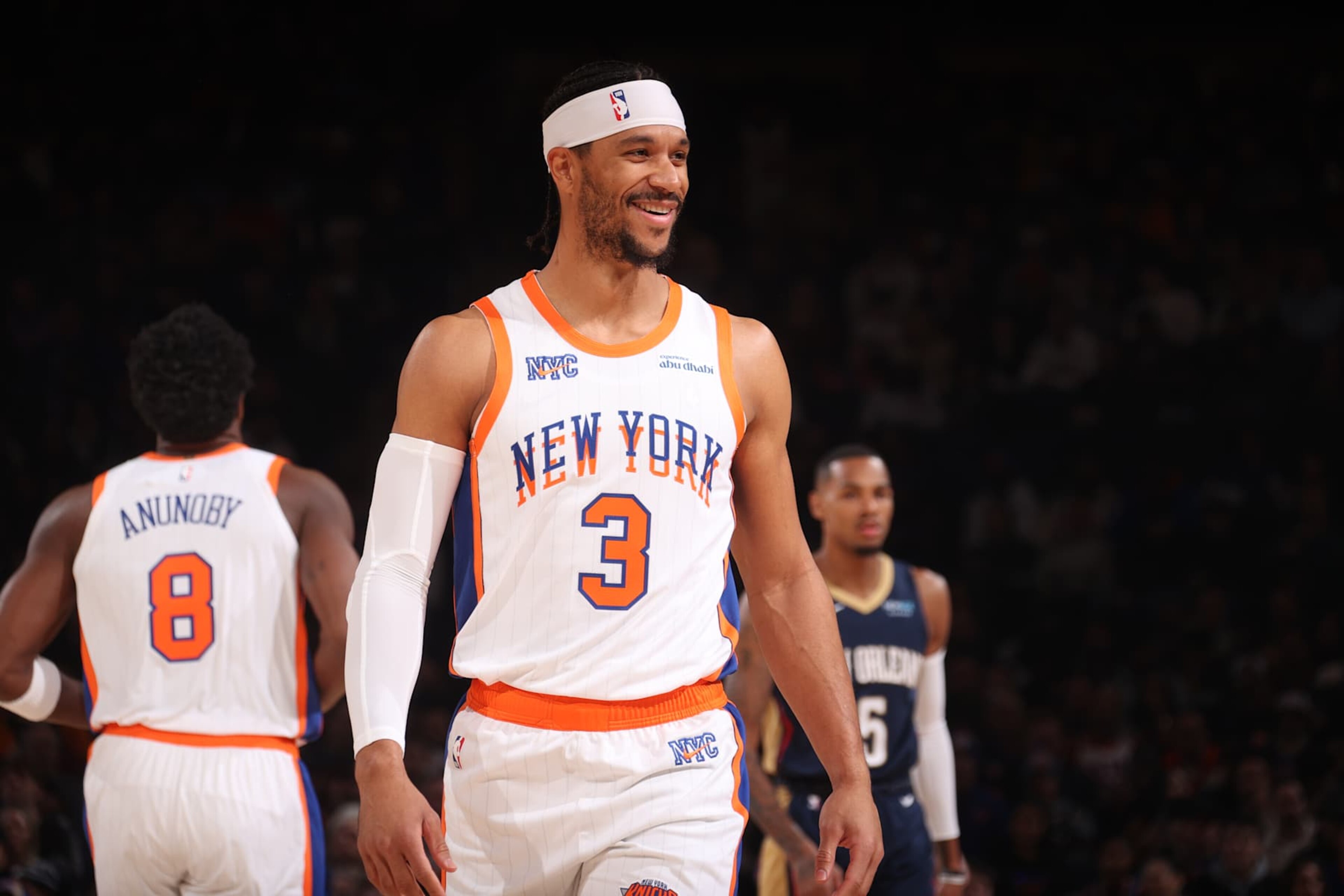 NEW YORK, NY - DECEMBER 1: Josh Hart #3 of the New York Knicks smiles during the game against the New Orleans Pelicans on December 1, 2024 at Madison Square Garden in New York City, New York. NOTE TO USER: User expressly acknowledges and agrees that, by downloading and or using this photograph, User is consenting to the terms and conditions of the Getty Images License Agreement. Mandatory Copyright Notice: Copyright 2024 NBAE (Photo by Nathaniel S. Butler/NBAE via Getty Images) NEW YORK, NY - DECEMBER 1: Josh Hart #3 of the New York Knicks smiles during the game against the New Orleans Pelicans on December 1, 2024 at Madison Square Garden in New York City, New York. NOTE TO USER: User expressly acknowledges and agrees that, by downloading and or using this photograph, User is consenting to the terms and conditions of the Getty Images License Agreement. Mandatory Copyright Notice: Copyright 2024 NBAE (Photo by Nathaniel S. Butler/NBAE via Getty Images)