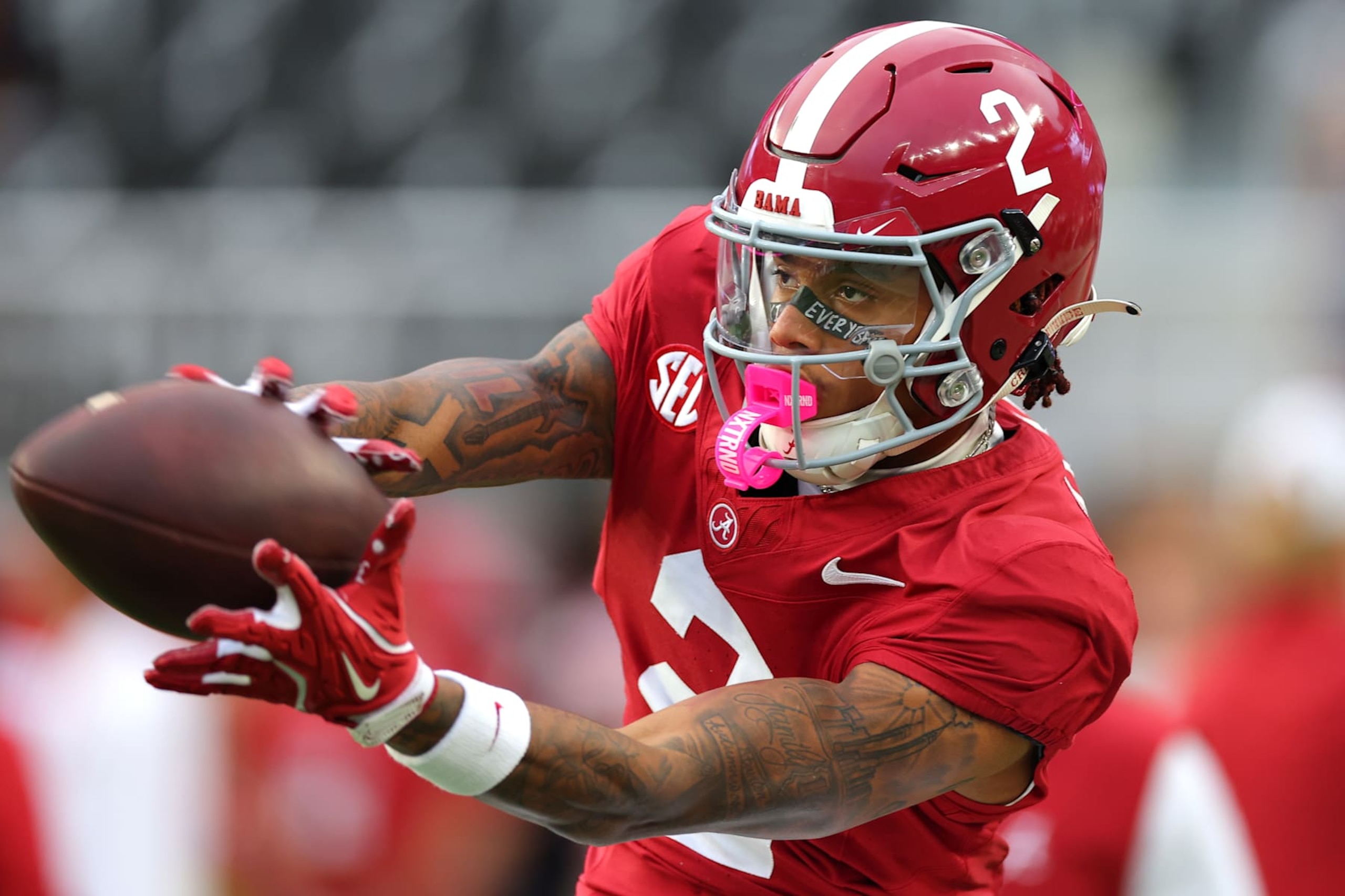 TUSCALOOSA, ALABAMA - SEPTEMBER 28: Ryan Williams #2 of the Alabama Crimson Tide warms up before the game against the Georgia Bulldogs at Bryant-Denny Stadium on September 28, 2024 in Tuscaloosa, Alabama. (Photo by Kevin C. Cox/Getty Images)