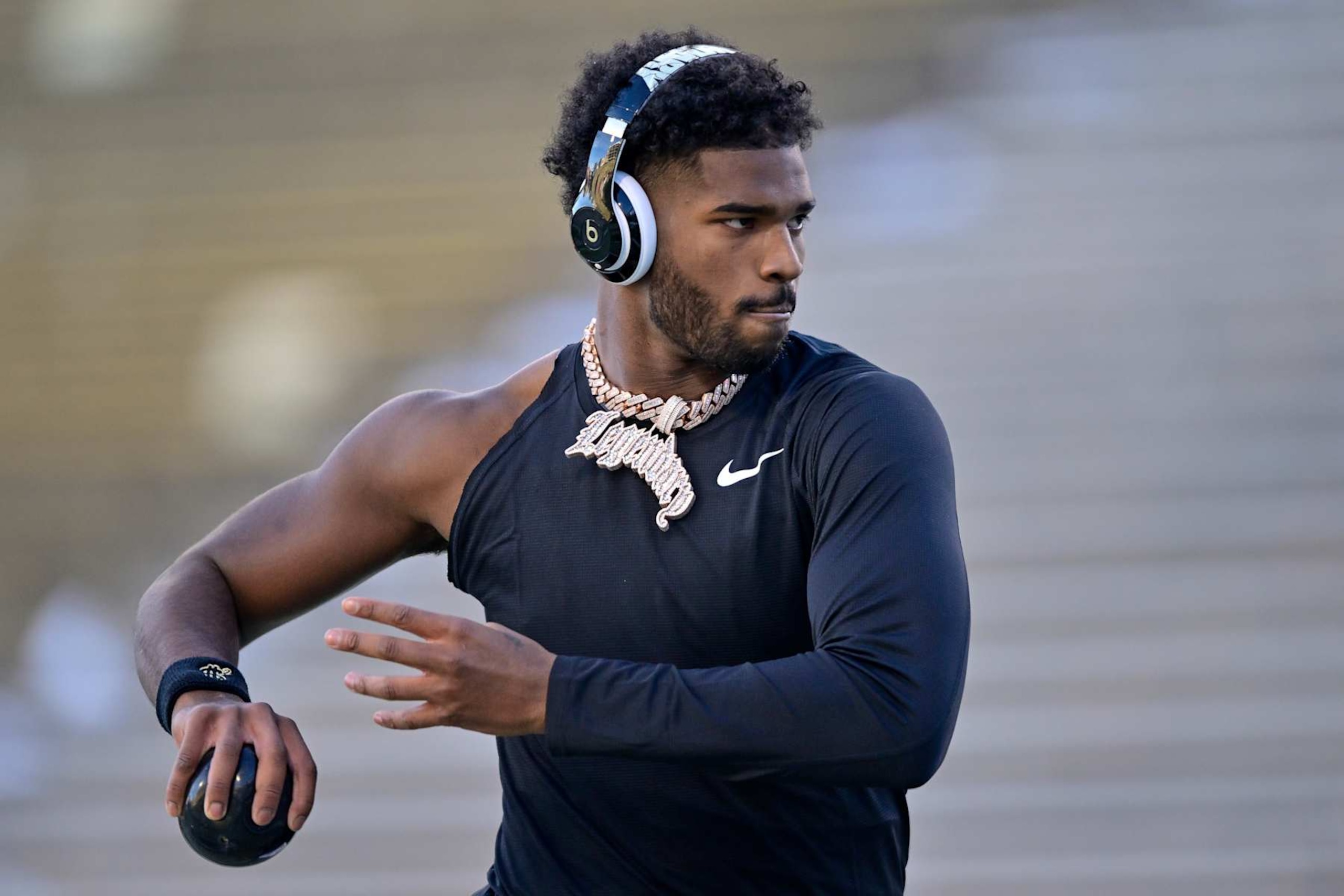 BOULDER, CO - NOVEMBER 29:  Shedeur Sanders #2 of the Colorado Buffaloes warms up before a game against the Oklahoma State Cowboys at Folsom Field on November 29, 2024 in Boulder, Colorado. (Photo by Dustin Bradford/Getty Images)