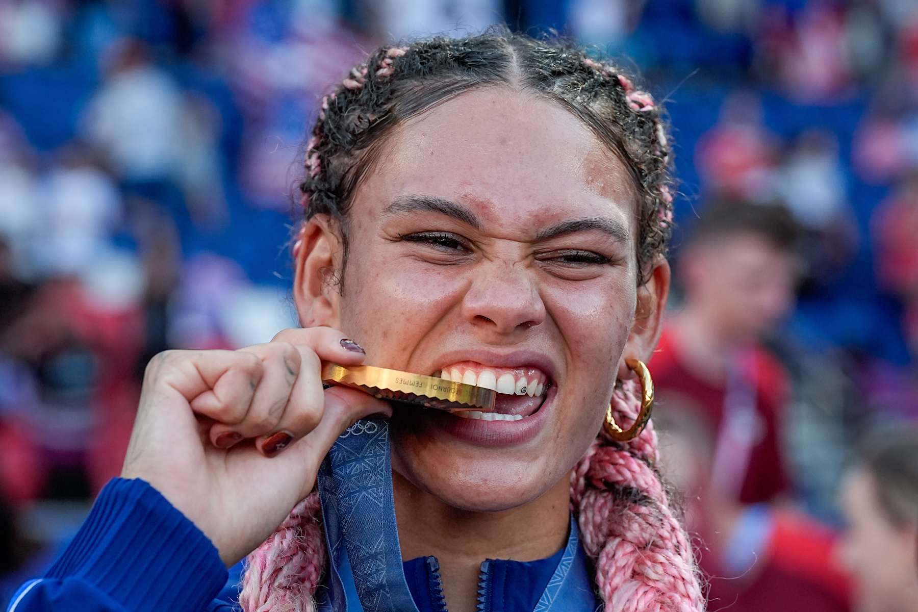 PARIS, FRANCE - AUGUST 10:  Trinity Rodman of United States poses with her gold medal after winning the Women's Gold Medal match between Brazil and United States of America during the Olympic Games Paris 2024 at Parc des Princes on August 10, 2024 in Paris, France. (Photo by Daniela Porcelli/ISI Photos/Getty Images)