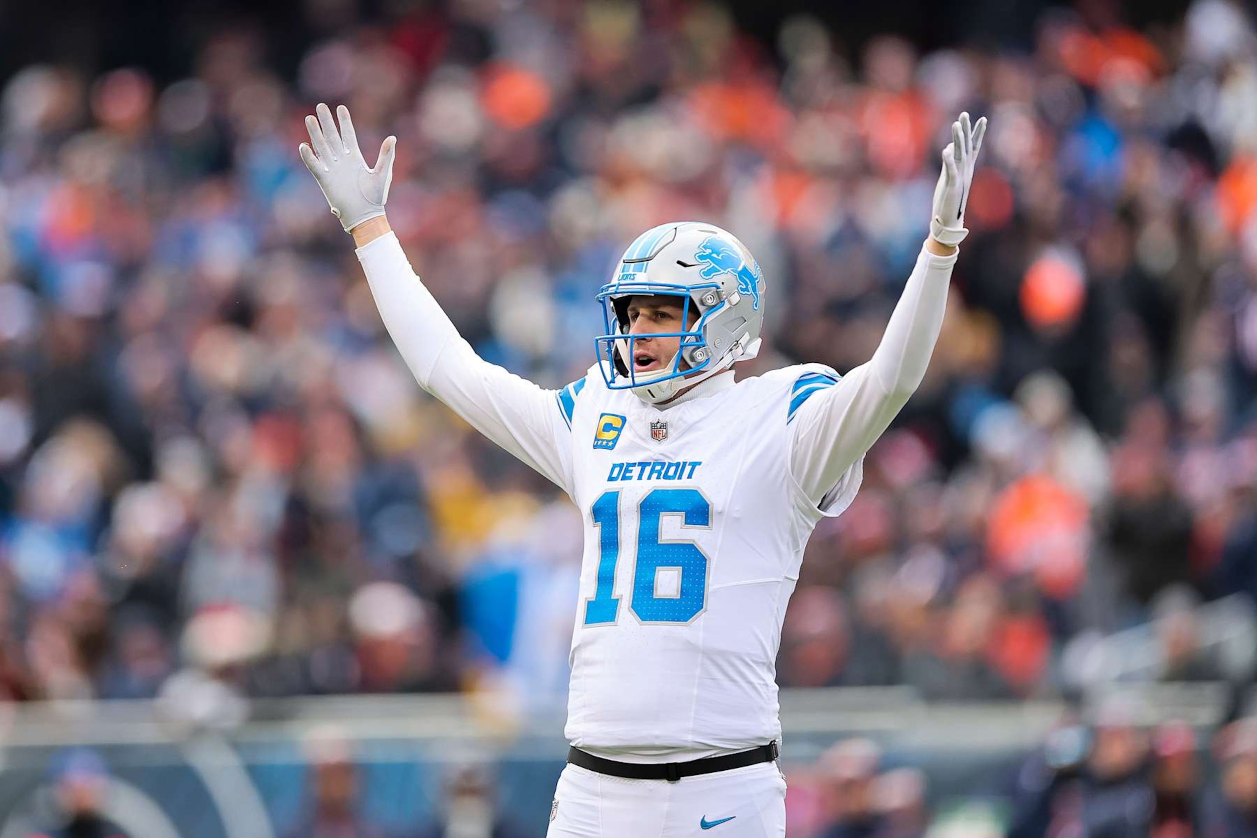 CHICAGO, ILLINOIS - DECEMBER 22: Jared Goff #16 of the Detroit Lions reacts against the Chicago Bears during the first quarter at Soldier Field on December 22, 2024 in Chicago, Illinois. (Photo by Michael Reaves/Getty Images)