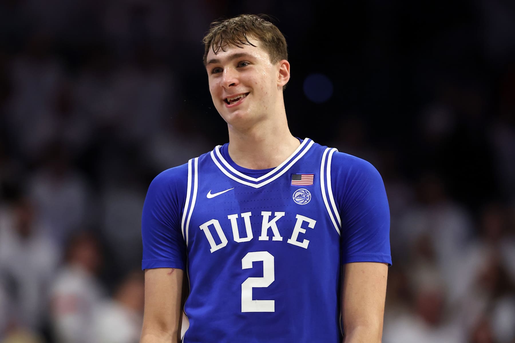 TUCSON, ARIZONA - NOVEMBER 22: Cooper Flagg #2 of the Duke Blue Devils looks on during the game against the Arizona Wildcats at McKale Center on November 22, 2024 in Tucson, Arizona. The Blue Devils defeated the Wildcats 69-55. (Photo by Chris Coduto/Getty Images)