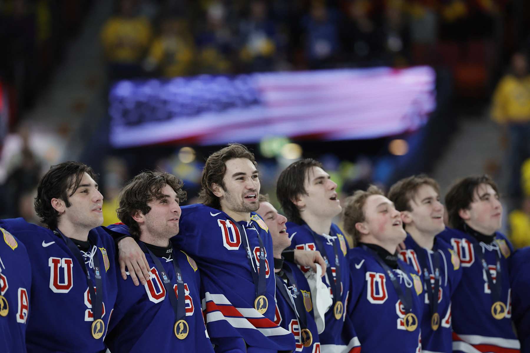 USA's players stand lined up after winning the final ice hockey match between USA and Sweden of the IIHF World Junior Championship in Gothenburg, Sweden on January 5, 2024. (Photo by Bjorn LARSSON ROSVALL / various sources / AFP) / Sweden OUT (Photo by BJORN LARSSON ROSVALL/TT News Agency/TT NYHETSBYRÅN/AFP via Getty Images)
