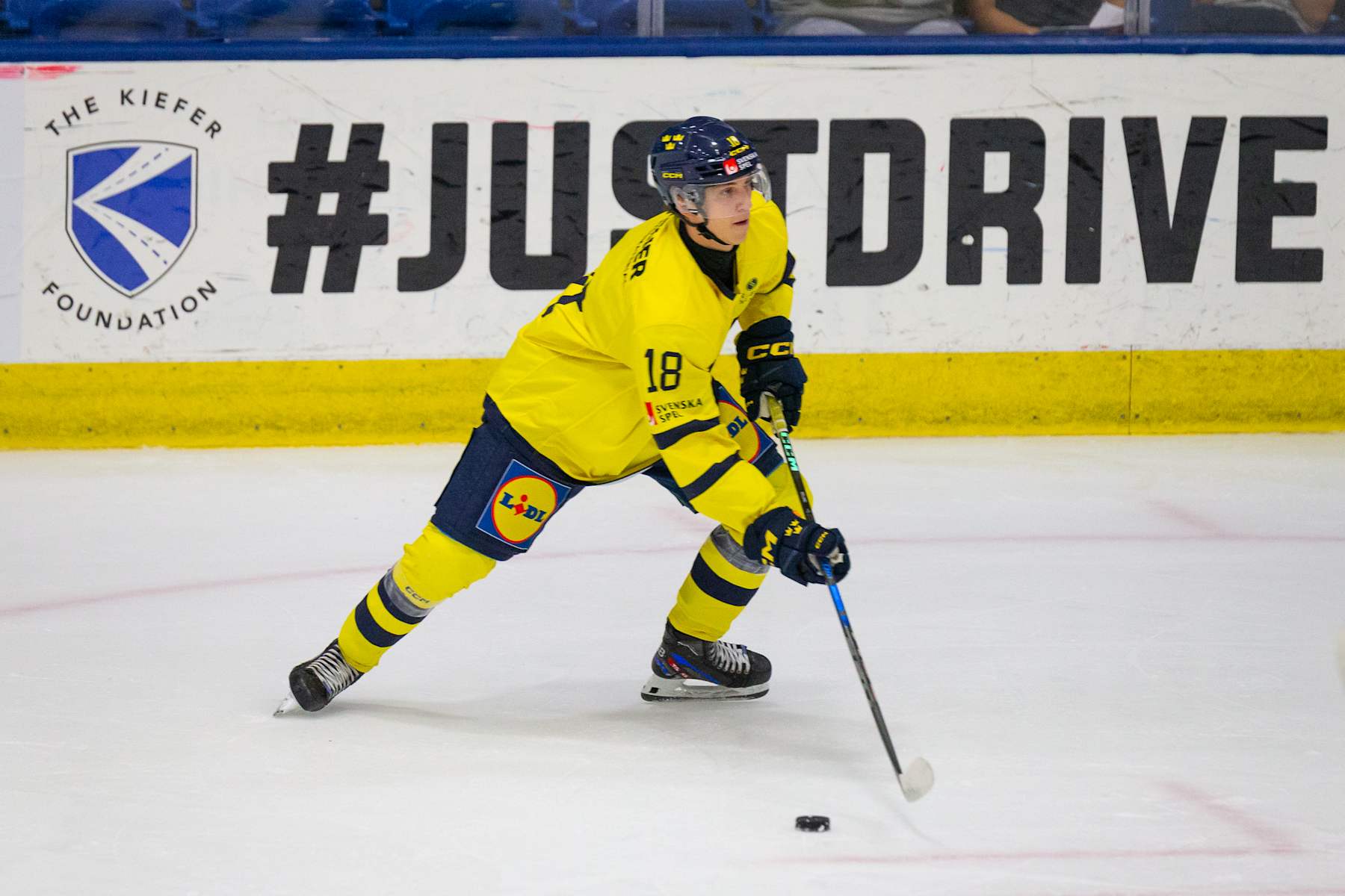 PLYMOUTH, MI - AUGUST 3: Victor Eklund #18 of Team Sweden gets ready to shoot the puck during the 2024 World Junior Summer Showcase between Finland and Sweden at USA Hockey Arena on August 3, 2024 in Plymouth, Michigan. (Photo by Michael Miller/ISI Photos/Getty Images)