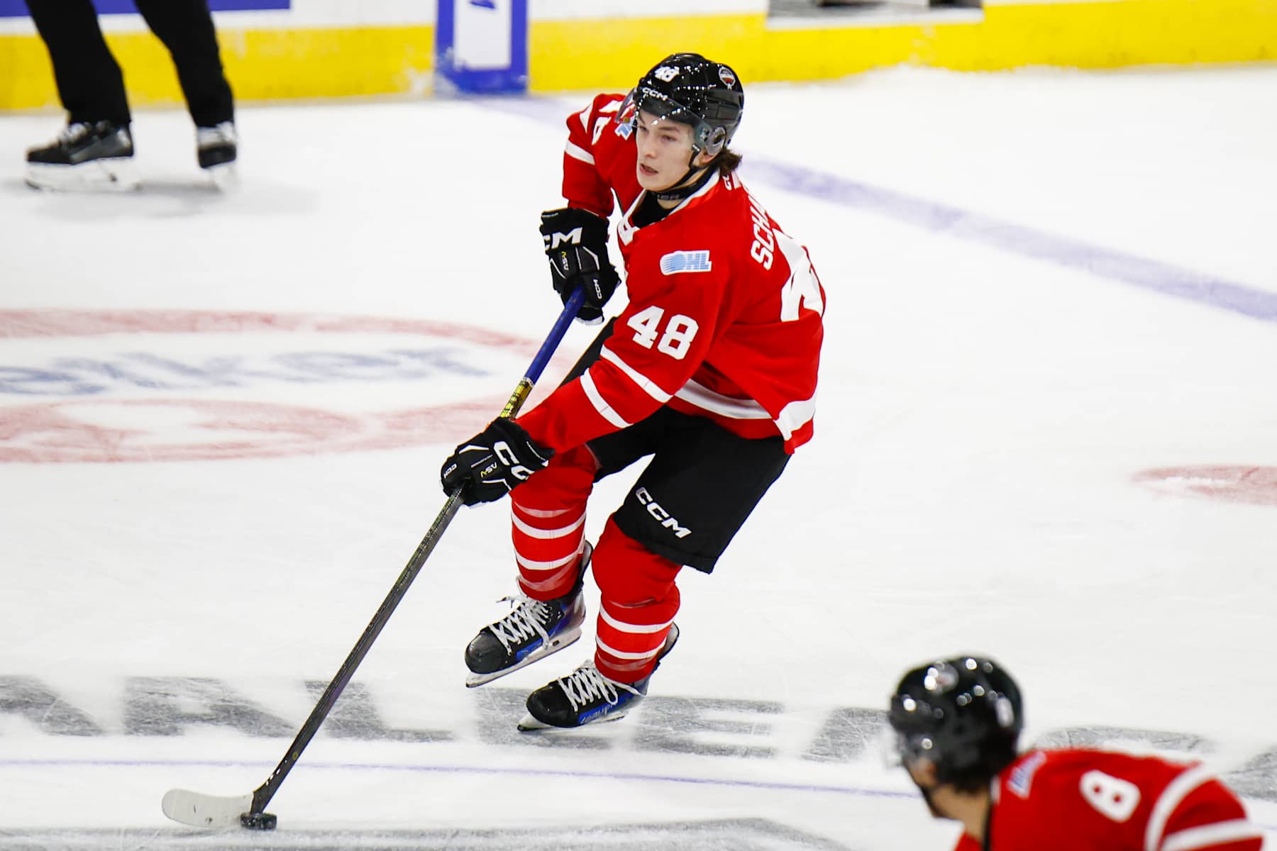 LONDON, ONTARIO, CANADA - NOVEMBER 26: Matthew Schaefer #48 of CHL skates with the puck during CHL USA Prospects game between USA and CHL at Canada Life Place on November 26, 2024 in London, Ontario, Canada. (Photo by Michael Miller/ISI Photos/Getty Images)