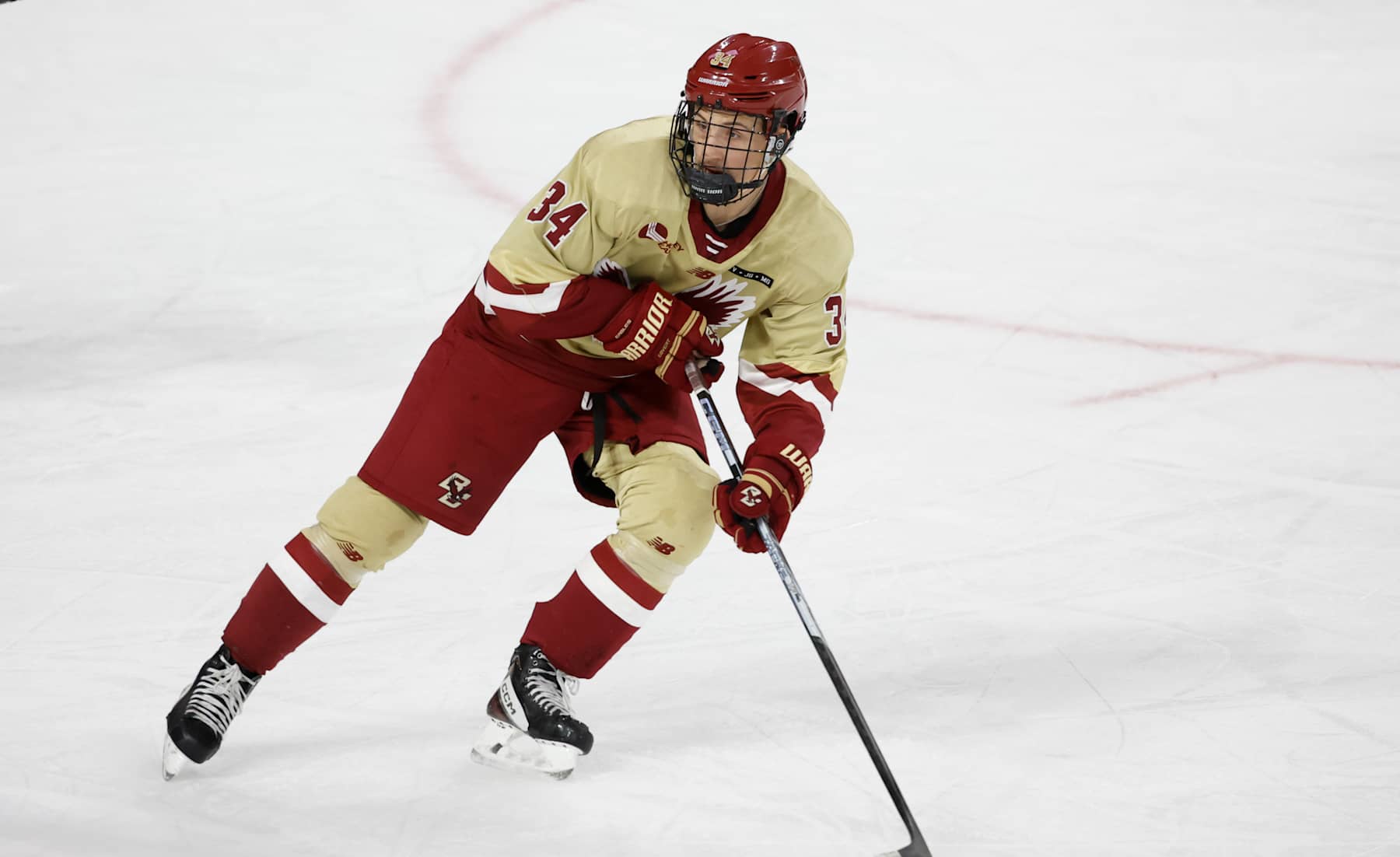 CHESTNUT HILL, MASSACHUSETTS - NOVEMBER 10: Gabe Perreault #34 of the Boston College Eagles skates against the Maine Black Bears during NCAA mens hockey at Kelley Rink on November 10, 2024 in Chestnut Hill, Massachusetts. The Eagles won 3-0. (Photo by Richard T Gagnon/Getty Images)