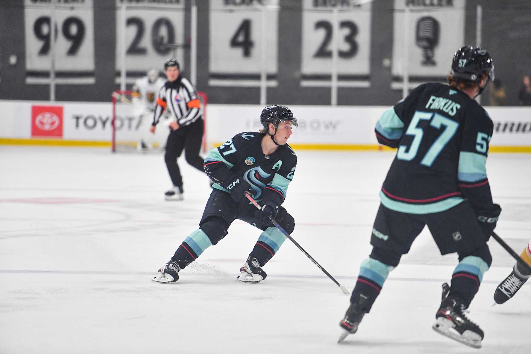 LOS ANGELES, CA - SEPTEMBER 15: Berkly Catton #27 of the Seattle Kraken skates on the ice during the first period against the Las Vegas Golden Knights at Toyota Sports Performance Center on September 15, 2024 in Los Angeles, California. (Photo by Juan OcampoNHLI via Getty Images)