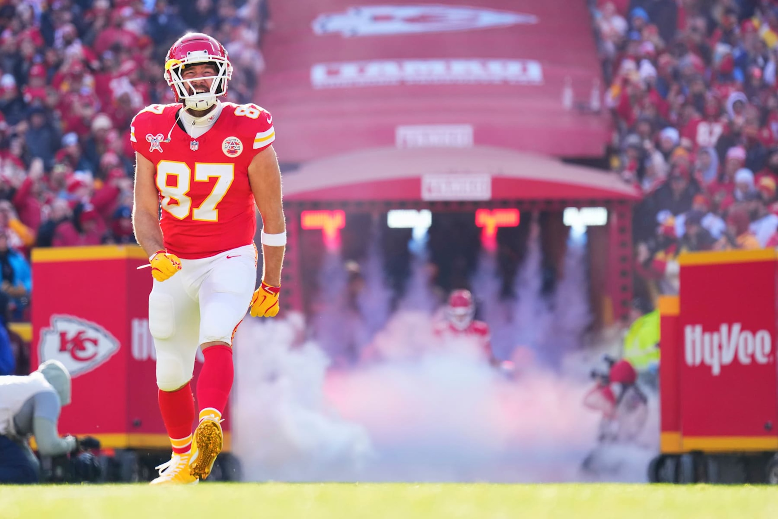 KANSAS CITY, MO - DECEMBER 21: Travis Kelce #87 of the Kansas City Chiefs takes the field before kickoff against the Houston Texans during an NFL football game at GEHA Field at Arrowhead Stadium on December 21, 2024 in Kansas City, Missouri. (Photo by Cooper Neill/Getty Images)