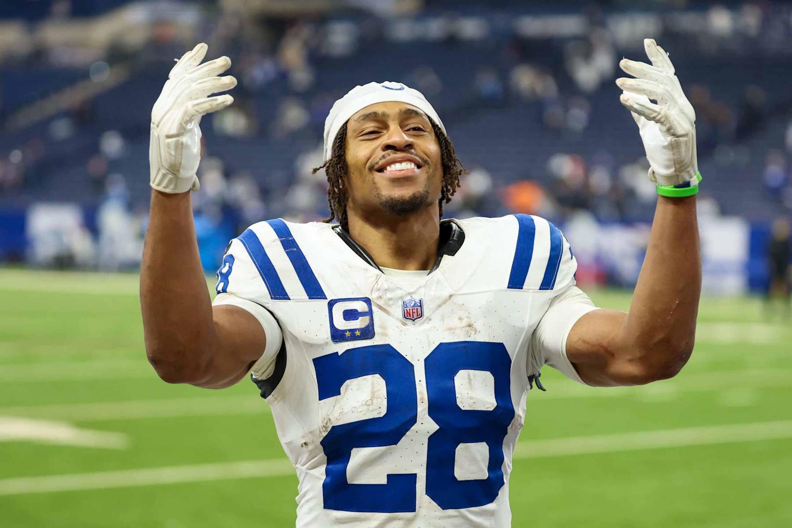 INDIANAPOLIS, INDIANA - DECEMBER 22: Jonathan Taylor #28 of the Indianapolis Colts reacts after their 38-30 in over the Tennessee Titans at Lucas Oil Stadium on December 22, 2024 in Indianapolis, Indiana. (Photo by Andy Lyons/Getty Images)