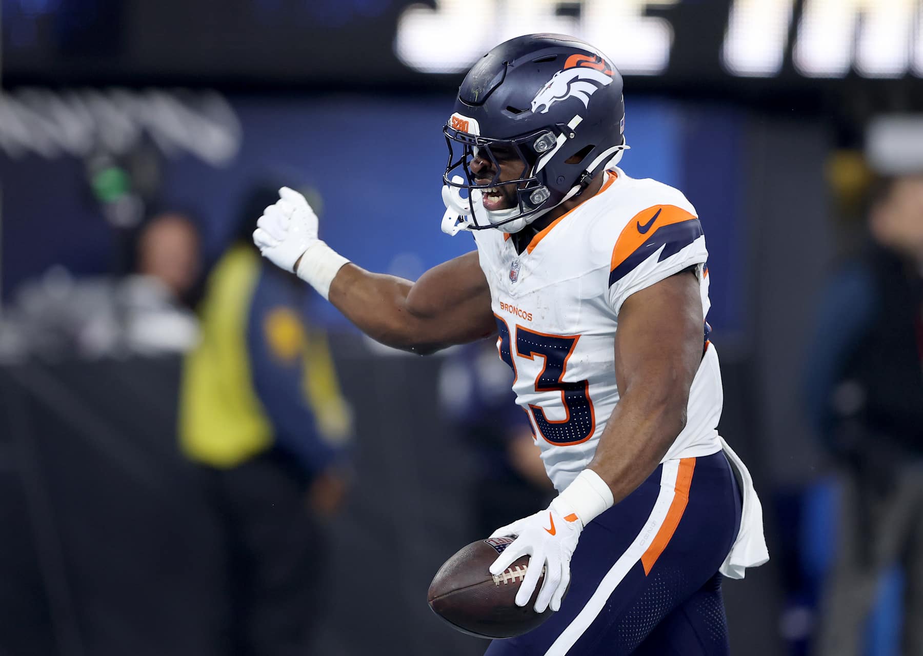 INGLEWOOD, CALIFORNIA - DECEMBER 19: Audric Estime #23 of the Denver Broncos celebrates after scoring a touchdown against the Los Angeles Chargers during the first quarter in the game at SoFi Stadium on December 19, 2024 in Inglewood, California. (Photo by Sean M. Haffey/Getty Images)