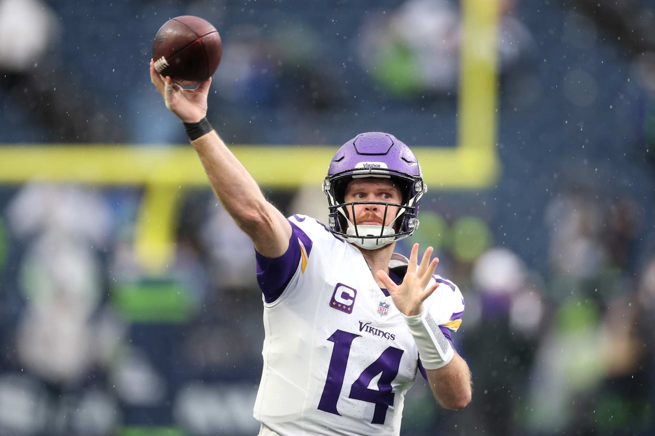 SEATTLE, WASHINGTON - DECEMBER 22: Sam Darnold #14 of the Minnesota Vikings warms up before the game against the Seattle Seahawks at Lumen Field on December 22, 2024 in Seattle, Washington. (Photo by Steph Chambers/Getty Images) SEATTLE, WASHINGTON - DECEMBER 22: Sam Darnold #14 of the Minnesota Vikings warms up before the game against the Seattle Seahawks at Lumen Field on December 22, 2024 in Seattle, Washington. (Photo by Steph Chambers/Getty Images)