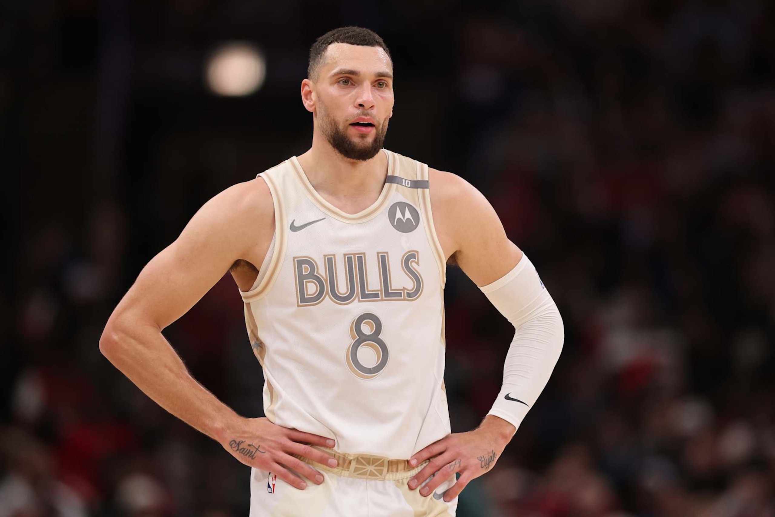 CHICAGO, ILLINOIS - DECEMBER 21: Zach LaVine #8 of the Chicago Bulls looks on against the Boston Celtics during the first half at the United Center on December 21, 2024 in Chicago, Illinois. NOTE TO USER: User expressly acknowledges and agrees that, by downloading and or using this photograph, User is consenting to the terms and conditions of the Getty Images License Agreement.  (Photo by Michael Reaves/Getty Images)
