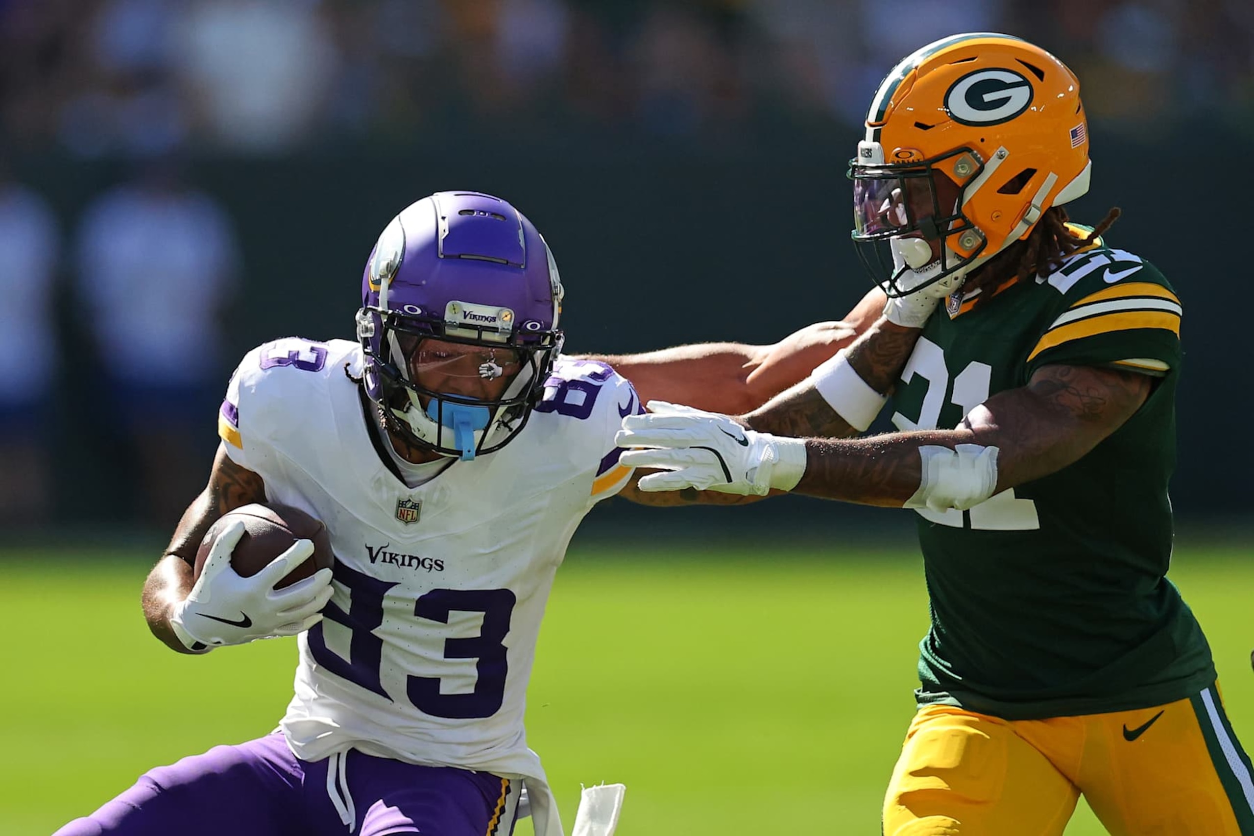GREEN BAY, WISCONSIN - SEPTEMBER 29: Jalen Nailor #83 of the Minnesota Vikings is pursued by Eric Stokes #21 of the Green Bay Packers during a game at Lambeau Field on September 29, 2024 in Green Bay, Wisconsin. (Photo by Stacy Revere/Getty Images) GREEN BAY, WISCONSIN - SEPTEMBER 29: Jalen Nailor #83 of the Minnesota Vikings is pursued by Eric Stokes #21 of the Green Bay Packers during a game at Lambeau Field on September 29, 2024 in Green Bay, Wisconsin. (Photo by Stacy Revere/Getty Images)