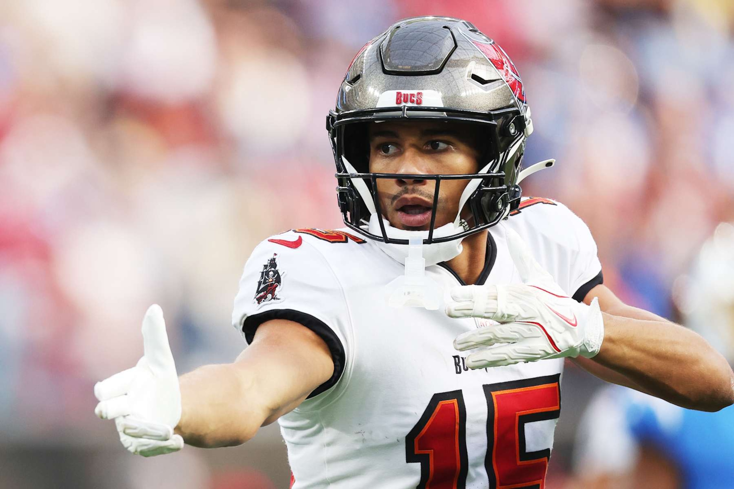 INGLEWOOD, CALIFORNIA - DECEMBER 15: Jalen McMillan #15 of the Tampa Bay Buccaneers reacts to his catch against the Los Angeles Chargers in the first quarter at SoFi Stadium on December 15, 2024 in Inglewood, California. (Photo by Harry How/Getty Images) INGLEWOOD, CALIFORNIA - DECEMBER 15: Jalen McMillan #15 of the Tampa Bay Buccaneers reacts to his catch against the Los Angeles Chargers in the first quarter at SoFi Stadium on December 15, 2024 in Inglewood, California. (Photo by Harry How/Getty Images)