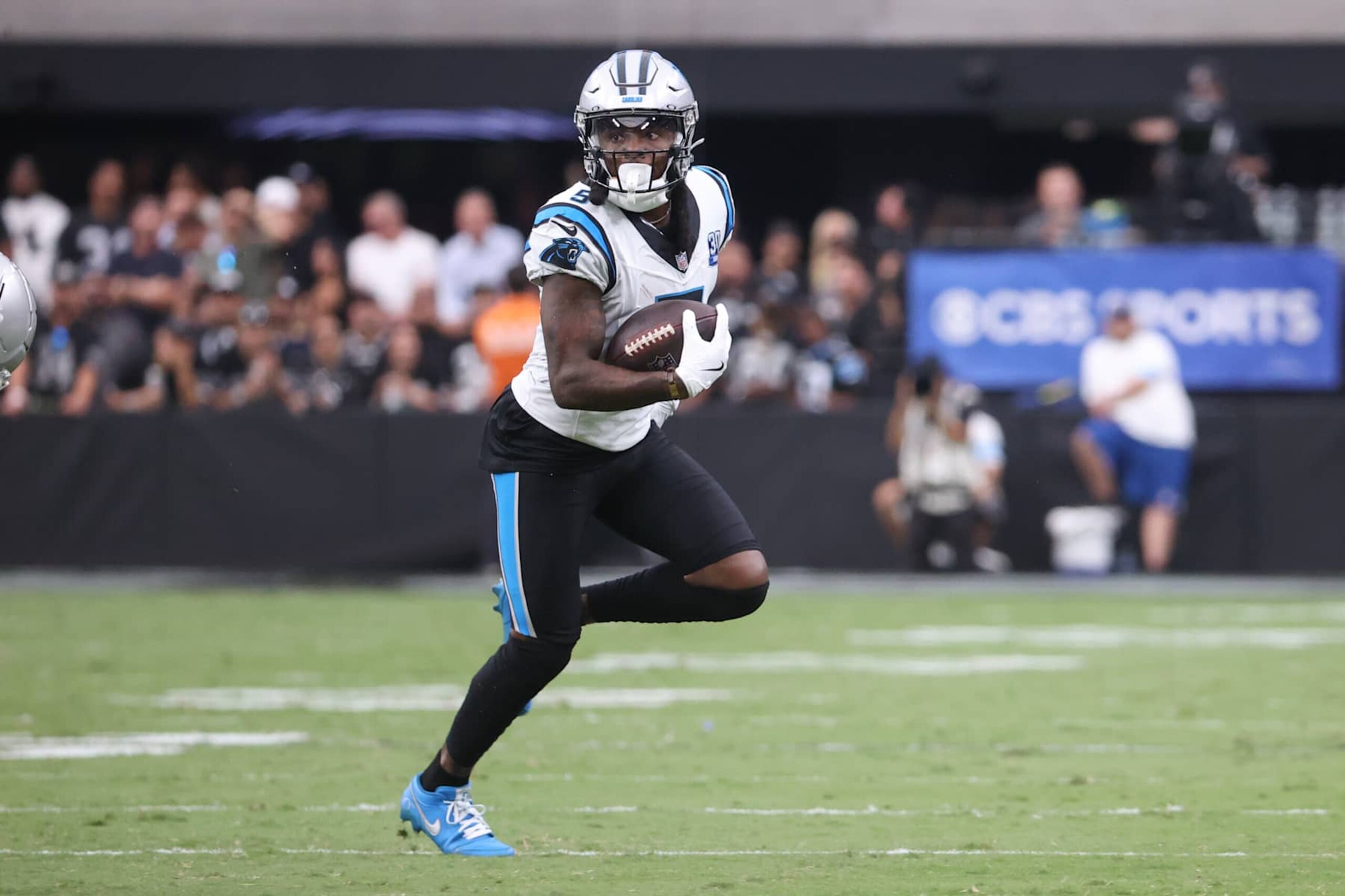 LAS VEGAS, NEVADA - SEPTEMBER 22: Diontae Johnson #5 of the Carolina Panthers runs after a catch during the second quarter of a game against the Las Vegas Raiders at Allegiant Stadium on September 22, 2024 in Las Vegas, Nevada. (Photo by Ian Maule/Getty Images)