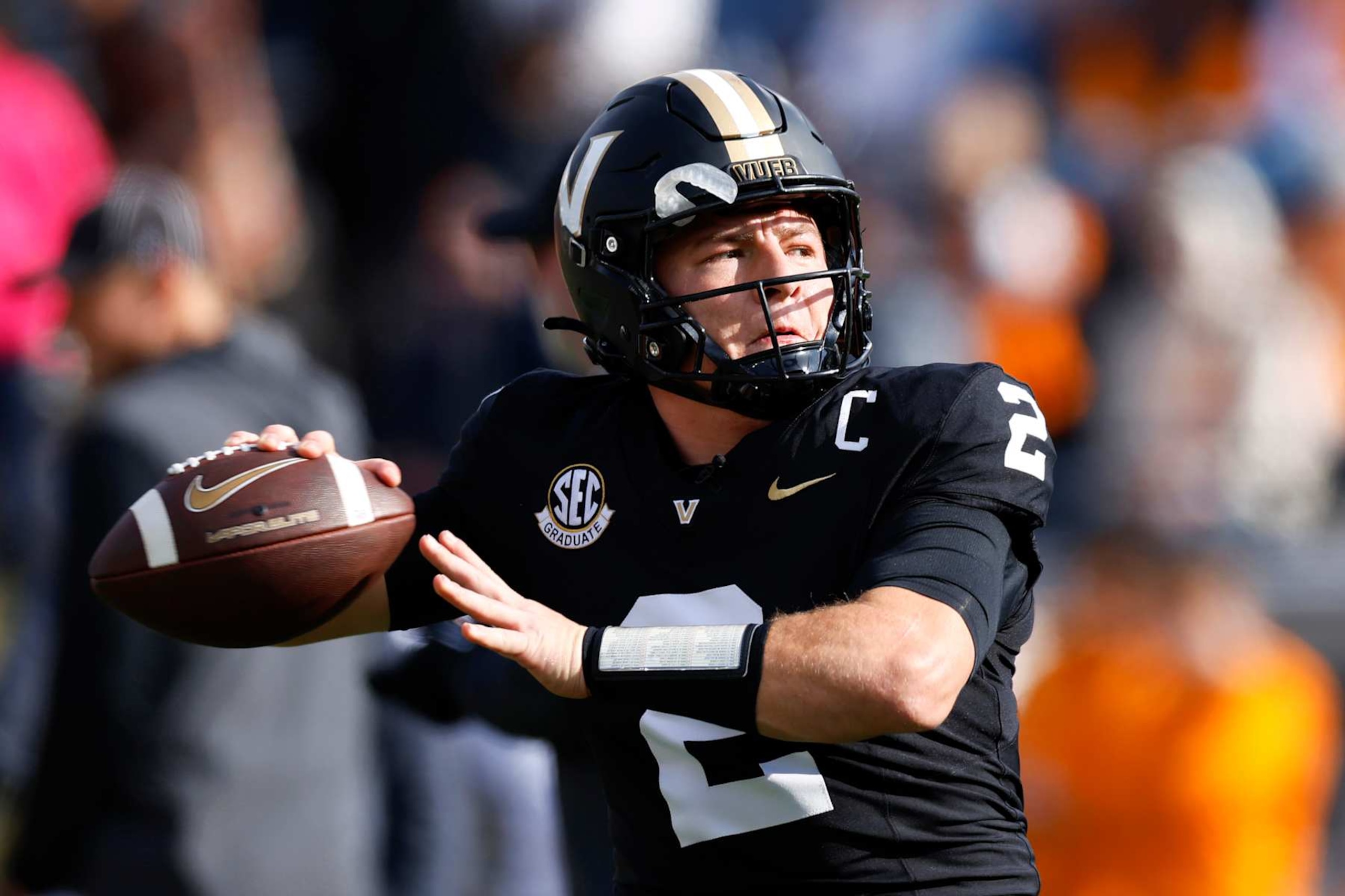 NASHVILLE, TENNESSEE - NOVEMBER 30: Diego Pavia #2 of the Vanderbilt Commodores warms up prior to the game between the Vanderbilt Commodores and the Tennessee Volunteers at FirstBank Stadium on November 30, 2024 in Nashville, Tennessee.  (Photo by Johnnie Izquierdo/Getty Images)