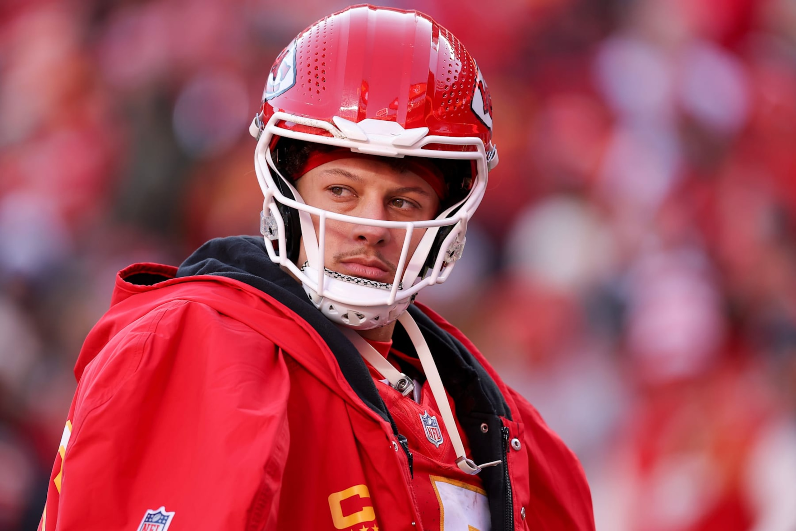 KANSAS CITY, MISSOURI - DECEMBER 21: Patrick Mahomes #15 of the Kansas City Chiefs looks on in the third quarter of a game against the Houston Texans at GEHA Field at Arrowhead Stadium on December 21, 2024 in Kansas City, Missouri. (Photo by David Eulitt/Getty Images) KANSAS CITY, MISSOURI - DECEMBER 21: Patrick Mahomes #15 of the Kansas City Chiefs looks on in the third quarter of a game against the Houston Texans at GEHA Field at Arrowhead Stadium on December 21, 2024 in Kansas City, Missouri. (Photo by David Eulitt/Getty Images)