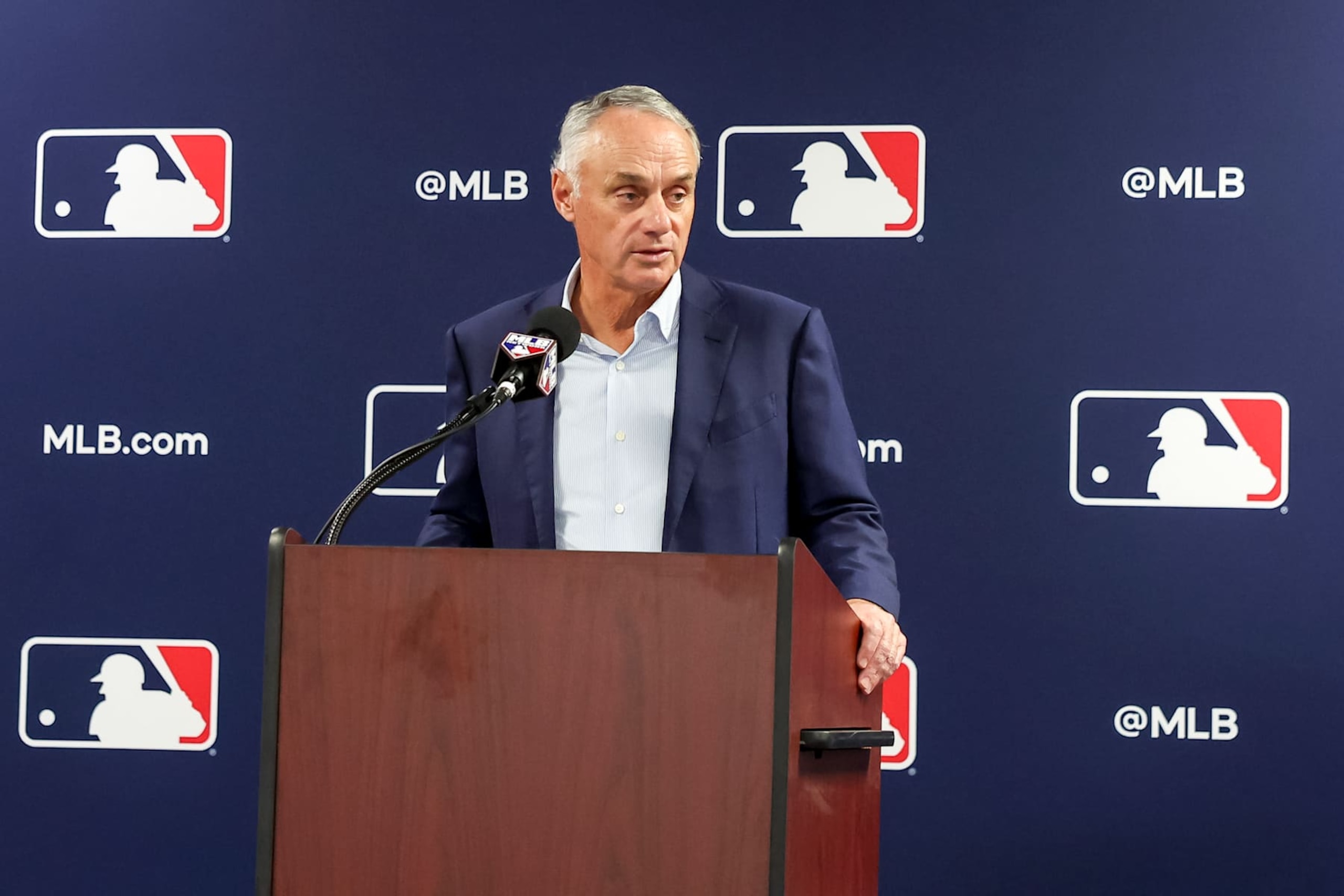 TAMPA, FL - FEBRUARY 15: Commissioner of Major League Baseball Robert D. Manfred Jr. speaks during the 2024 Grapefruit League Spring Training Media Day at George M. Steinbrenner Field on Thursday, February 15, 2024 in Tampa, Florida. (Photo by Mike Carlson/MLB Photos via Getty Images) TAMPA, FL - FEBRUARY 15: Commissioner of Major League Baseball Robert D. Manfred Jr. speaks during the 2024 Grapefruit League Spring Training Media Day at George M. Steinbrenner Field on Thursday, February 15, 2024 in Tampa, Florida. (Photo by Mike Carlson/MLB Photos via Getty Images)