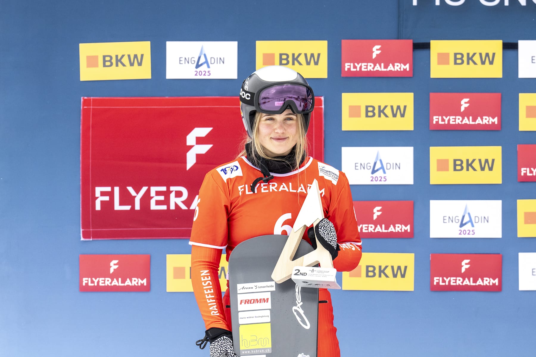 ST MORITZ, SWITZERLAND - JANUARY 26: Sophie Hediger takes 2nd place during the FIS Snowboard Cross World Cup Men's and Women's Snowboard Cross on January 26, 2024 in St Moritz, Switzerland. (Photo by Millo Moravski/Agence Zoom/Getty Images)
