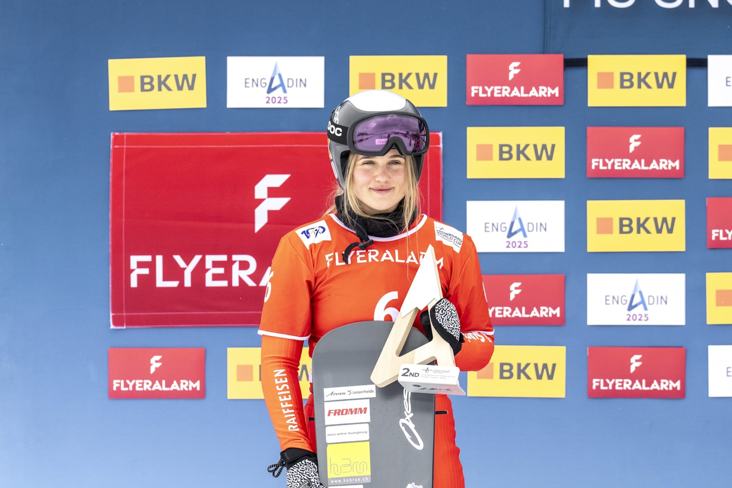 ST MORITZ, SWITZERLAND - JANUARY 26: Sophie Hediger takes 2nd place during the FIS Snowboard Cross World Cup Men's and Women's Snowboard Cross on January 26, 2024 in St Moritz, Switzerland. (Photo by Millo Moravski/Agence Zoom/Getty Images)