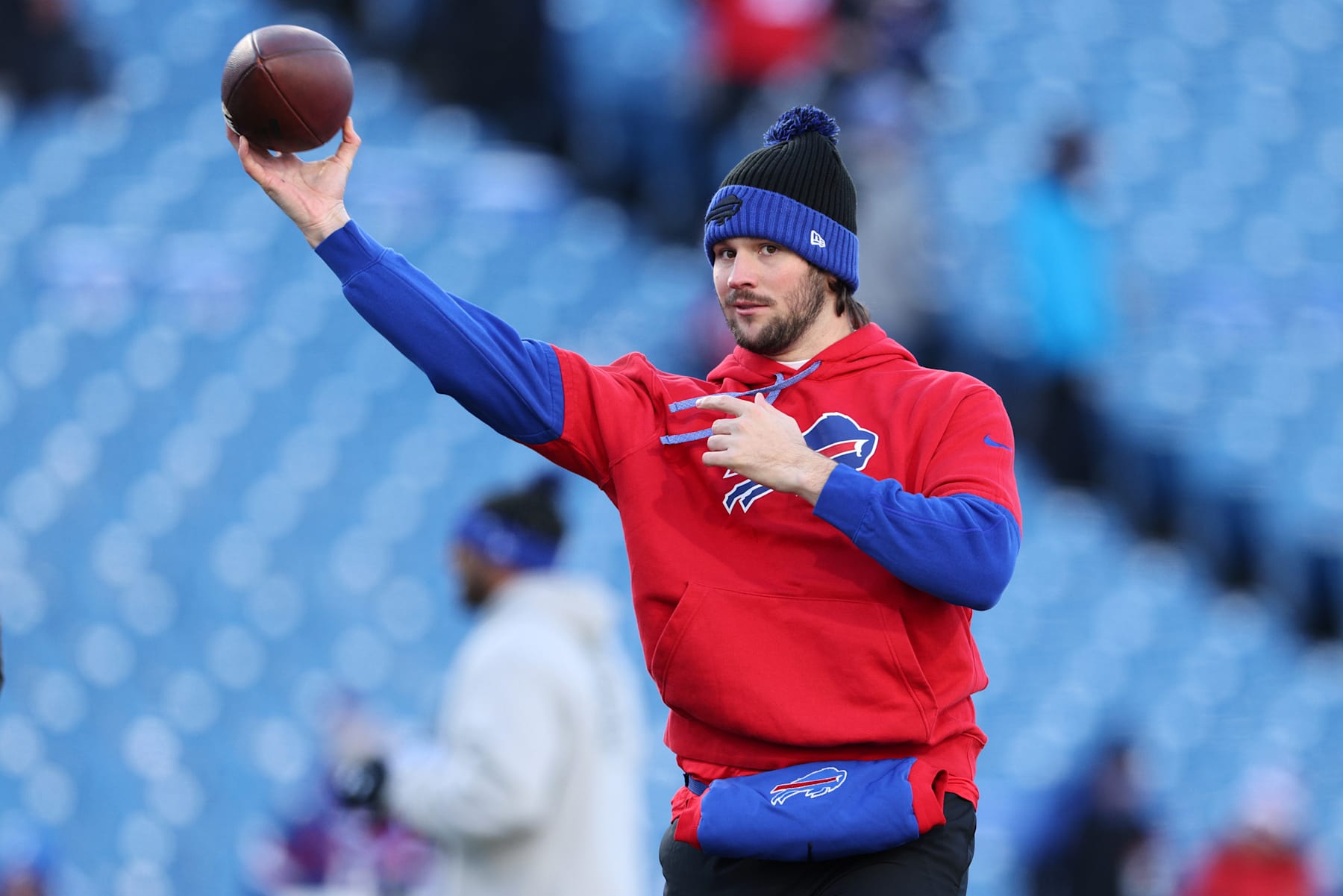 ORCHARD PARK, NEW YORK - DECEMBER 22: Josh Allen #17 of the Buffalo Bills warms up before the game against the New England Patriots at Highmark Stadium on December 22, 2024 in Orchard Park, New York. (Photo by Bryan M. Bennett/Getty Images)