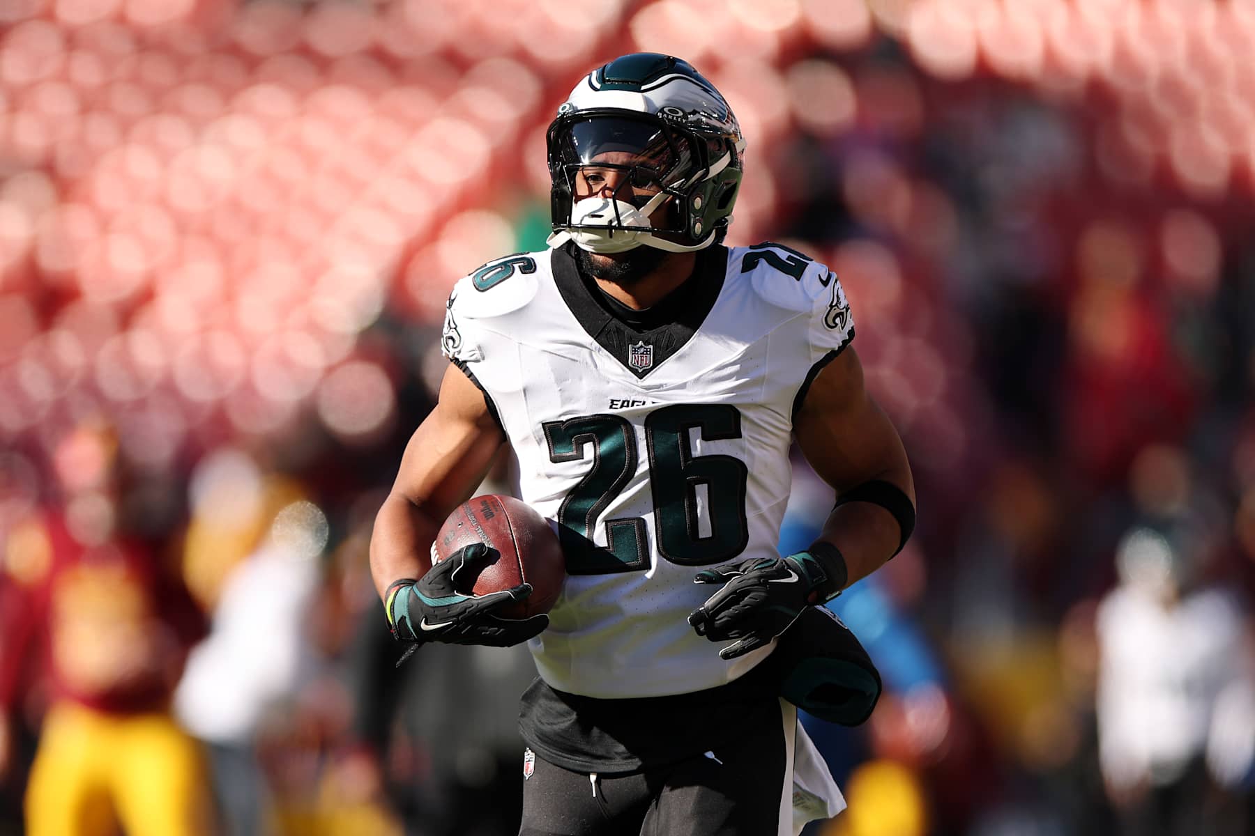 LANDOVER, MARYLAND - DECEMBER 22:  Saquon Barkley #26 of the Philadelphia Eagles warms up prior to the game against the Washington Commanders at Northwest Stadium on December 22, 2024 in Landover, Maryland. (Photo by Scott Taetsch/Getty Images)