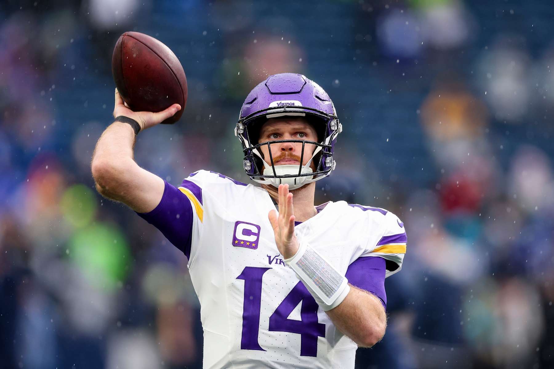 SEATTLE, WASHINGTON - DECEMBER 22: Sam Darnold #14 of the Minnesota Vikings warms up before the game against the Seattle Seahawks at Lumen Field on December 22, 2024 in Seattle, Washington. (Photo by Steph Chambers/Getty Images)