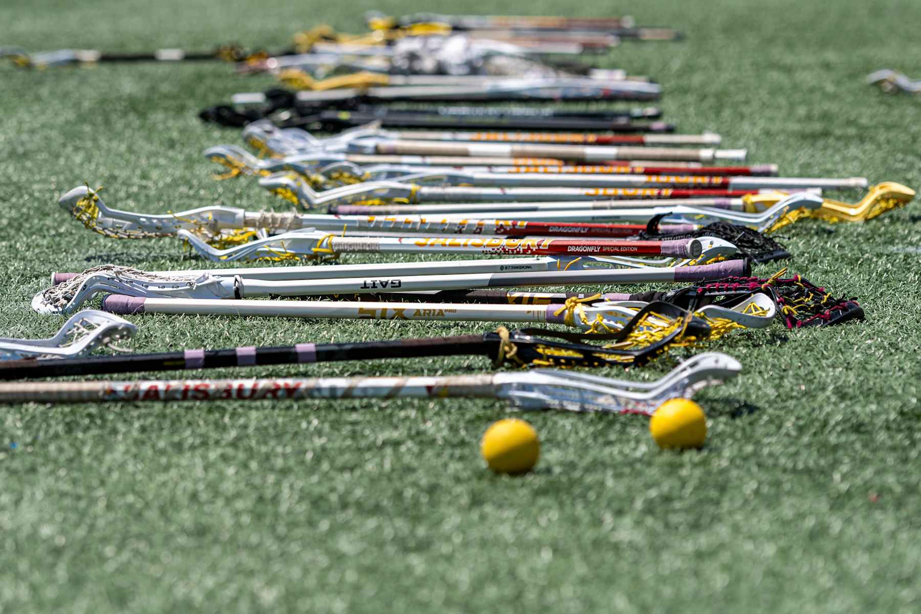 SALEM, VIRGINIA - MAY 26: Lacrosse sticks rest on the ground before the Division III Womens Lacrosse Championship held at Kerr Stadium on May 26, 2024 in Salem, Virginia. (Photo by Robert Simmons/NCAA Photos via Getty Images)
