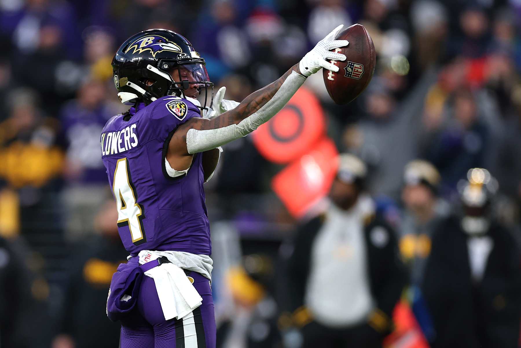 BALTIMORE, MARYLAND - DECEMBER 21: Zay Flowers #4 of the Baltimore Ravens celebrates during the first quarter against the Pittsburgh Steelers at M&T Bank Stadium on December 21, 2024 in Baltimore, Maryland. (Photo by Patrick Smith/Getty Images)