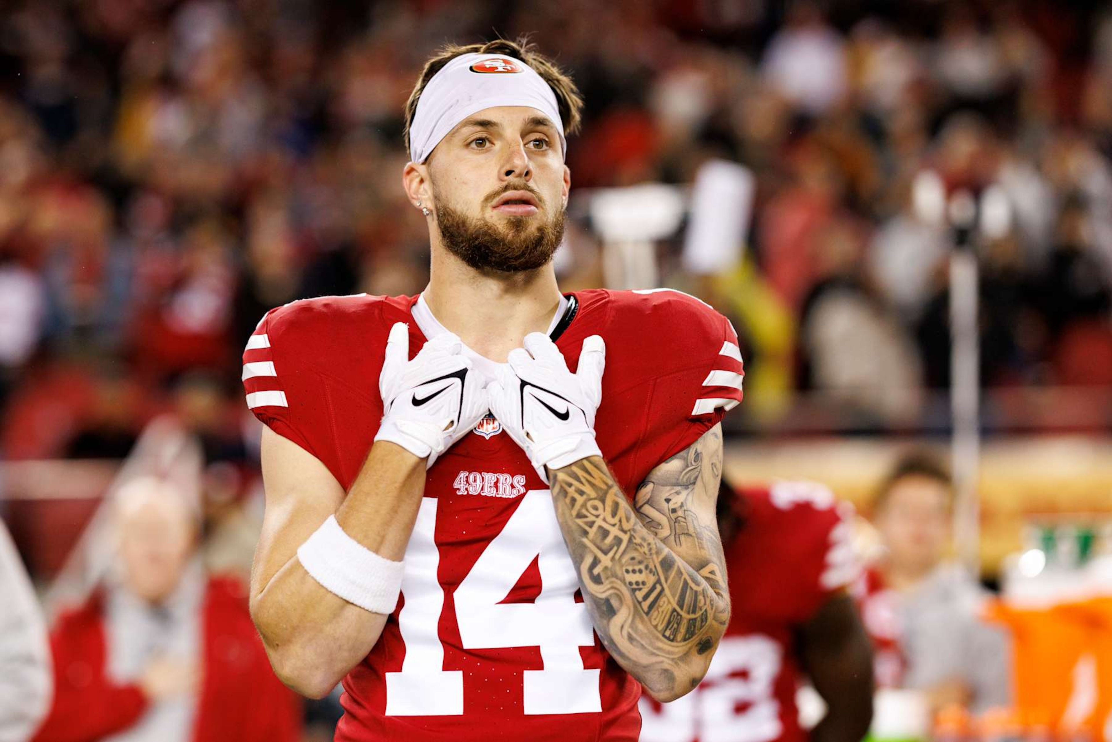 SANTA CLARA, CALIFORNIA - DECEMBER 12: Wide receiver Ricky Pearsall #14 of the San Francisco 49ers stands on the sidelines during the national anthem prior to an NFL football game against the Los Angeles Rams, at Levi's Stadium on December 12, 2024 in Santa Clara, California. (Photo by Brooke Sutton/Getty Images)