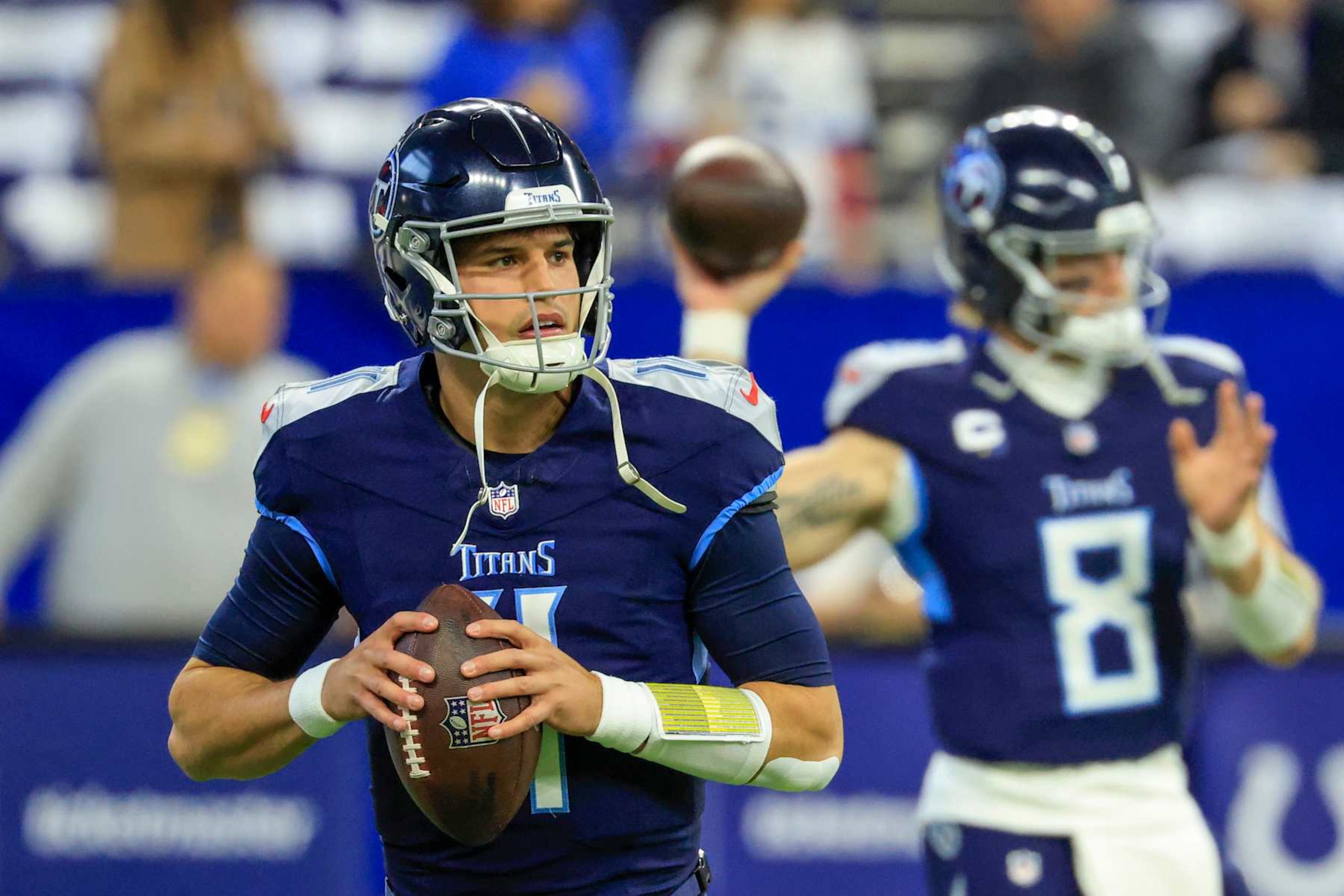 INDIANAPOLIS, INDIANA - DECEMBER 22: Mason Rudolph #11 and Will Levis #8 of the Tennessee Titans warm up before the game against the Indianapolis Colts at Lucas Oil Stadium on December 22, 2024 in Indianapolis, Indiana. (Photo by Justin Casterline/Getty Images) INDIANAPOLIS, INDIANA - DECEMBER 22: Mason Rudolph #11 and Will Levis #8 of the Tennessee Titans warm up before the game against the Indianapolis Colts at Lucas Oil Stadium on December 22, 2024 in Indianapolis, Indiana. (Photo by Justin Casterline/Getty Images)