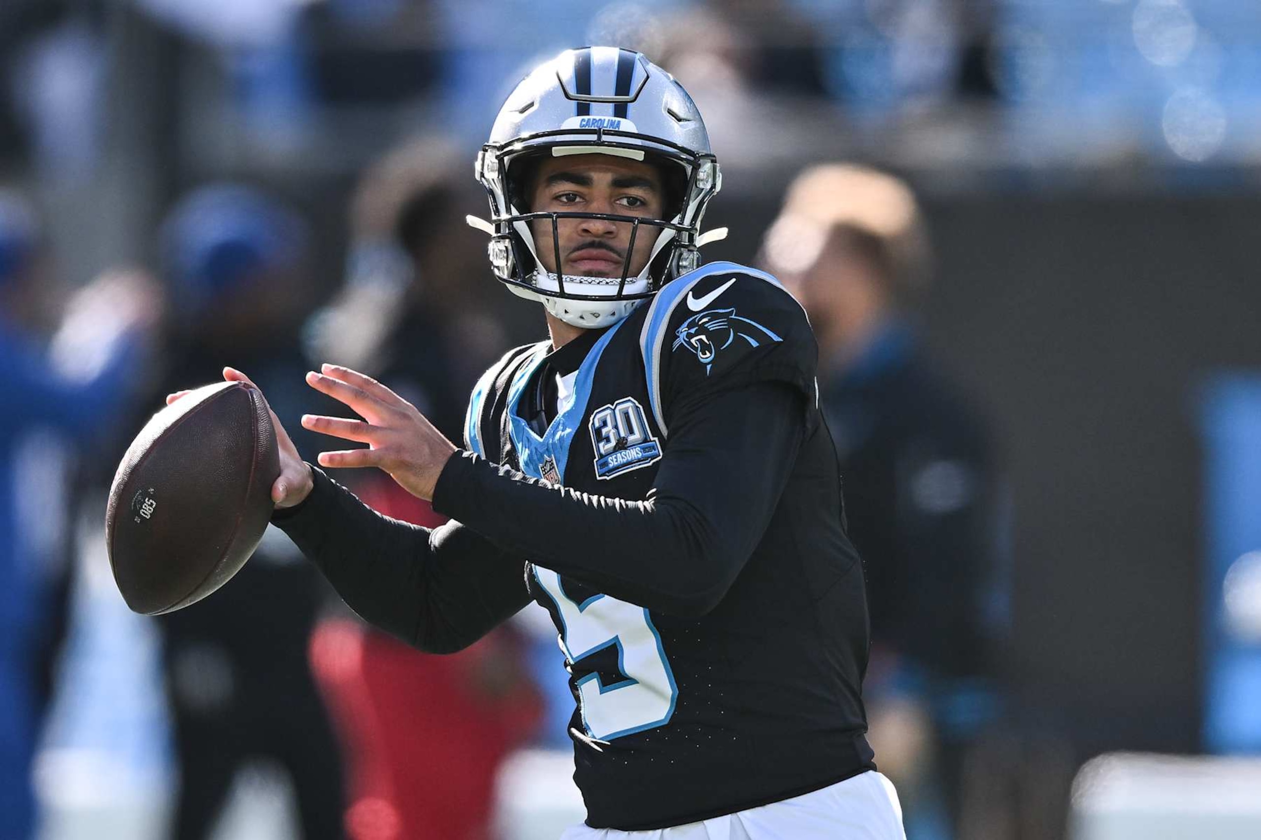 CHARLOTTE, NORTH CAROLINA - DECEMBER 22: Bryce Young #9 of the Carolina Panthers warms up prior to his game against the Arizona Cardinals at Bank of America Stadium on December 22, 2024 in Charlotte, North Carolina. (Photo by Matt Kelley/Getty Images) CHARLOTTE, NORTH CAROLINA - DECEMBER 22: Bryce Young #9 of the Carolina Panthers warms up prior to his game against the Arizona Cardinals at Bank of America Stadium on December 22, 2024 in Charlotte, North Carolina. (Photo by Matt Kelley/Getty Images)