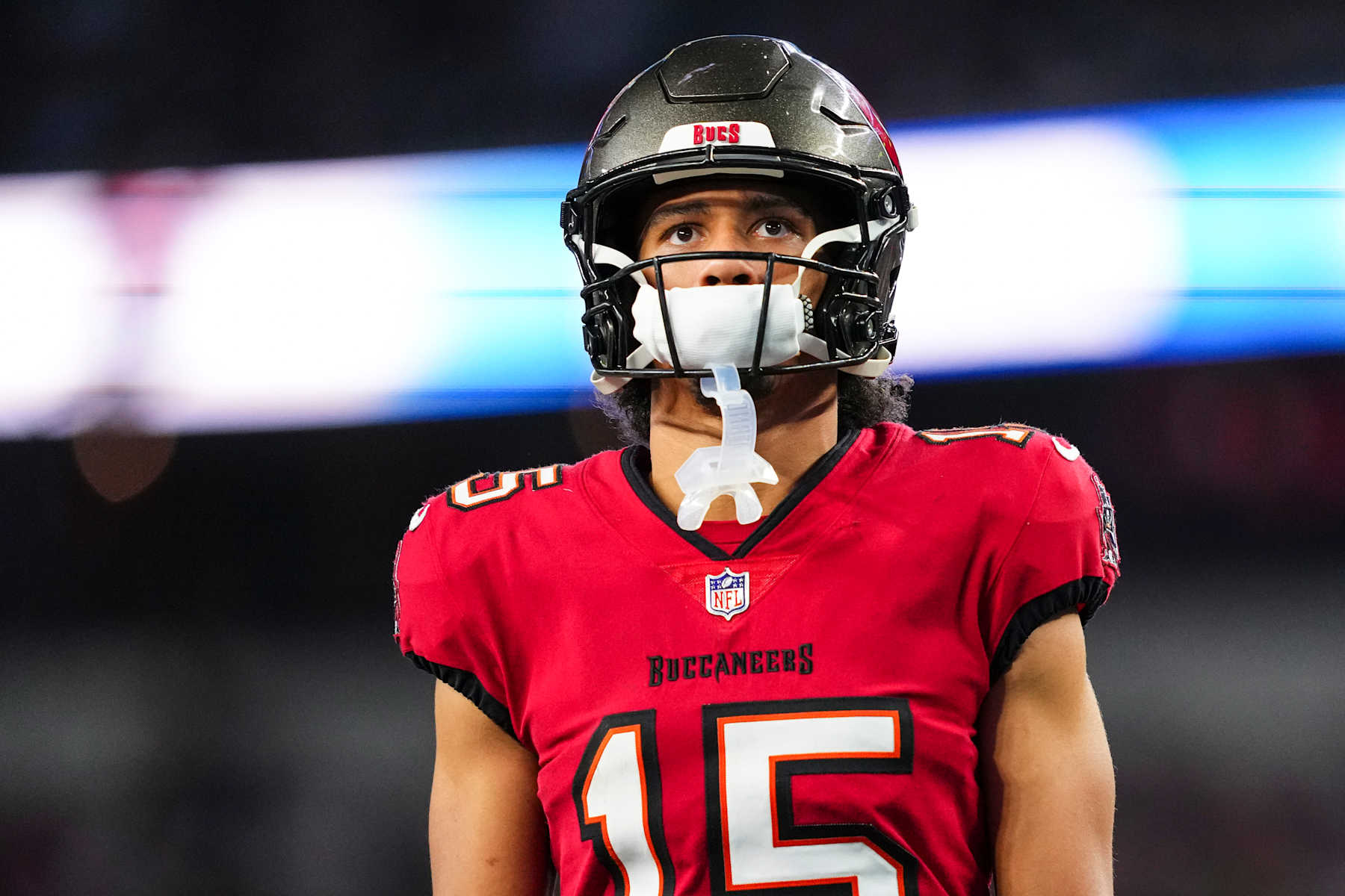 ARLINGTON, TX - DECEMBER 22: Jalen McMillan #15 of the Tampa Bay Buccaneers looks on from the field during an NFL football game against the Dallas Cowboys at AT&T Stadium on December 22, 2024 in Arlington, Texas. (Photo by Cooper Neill/Getty Images)