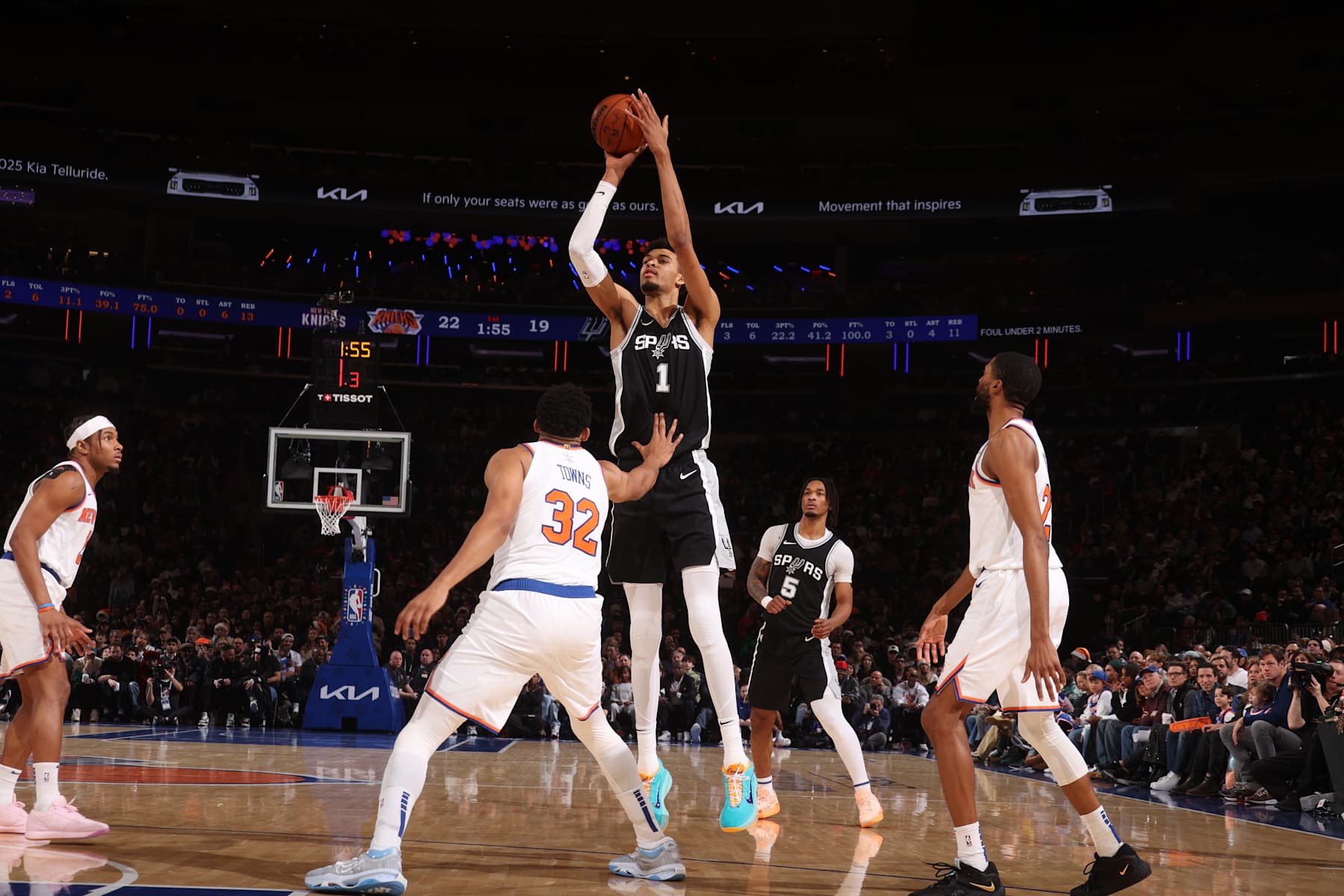 NEW YORK, NY - DECEMBER 25:  Victor Wembanyama #1 of the San Antonio Spurs shoots the ball during the gameagainst the New York Knicks   on December 25, 2024 at Madison Square Garden in New York City, New York.  NOTE TO USER: User expressly acknowledges and agrees that, by downloading and or using this photograph, User is consenting to the terms and conditions of the Getty Images License Agreement. Mandatory Copyright Notice: Copyright 2024 NBAE  (Photo by Nathaniel S. Butler/NBAE via Getty Images)