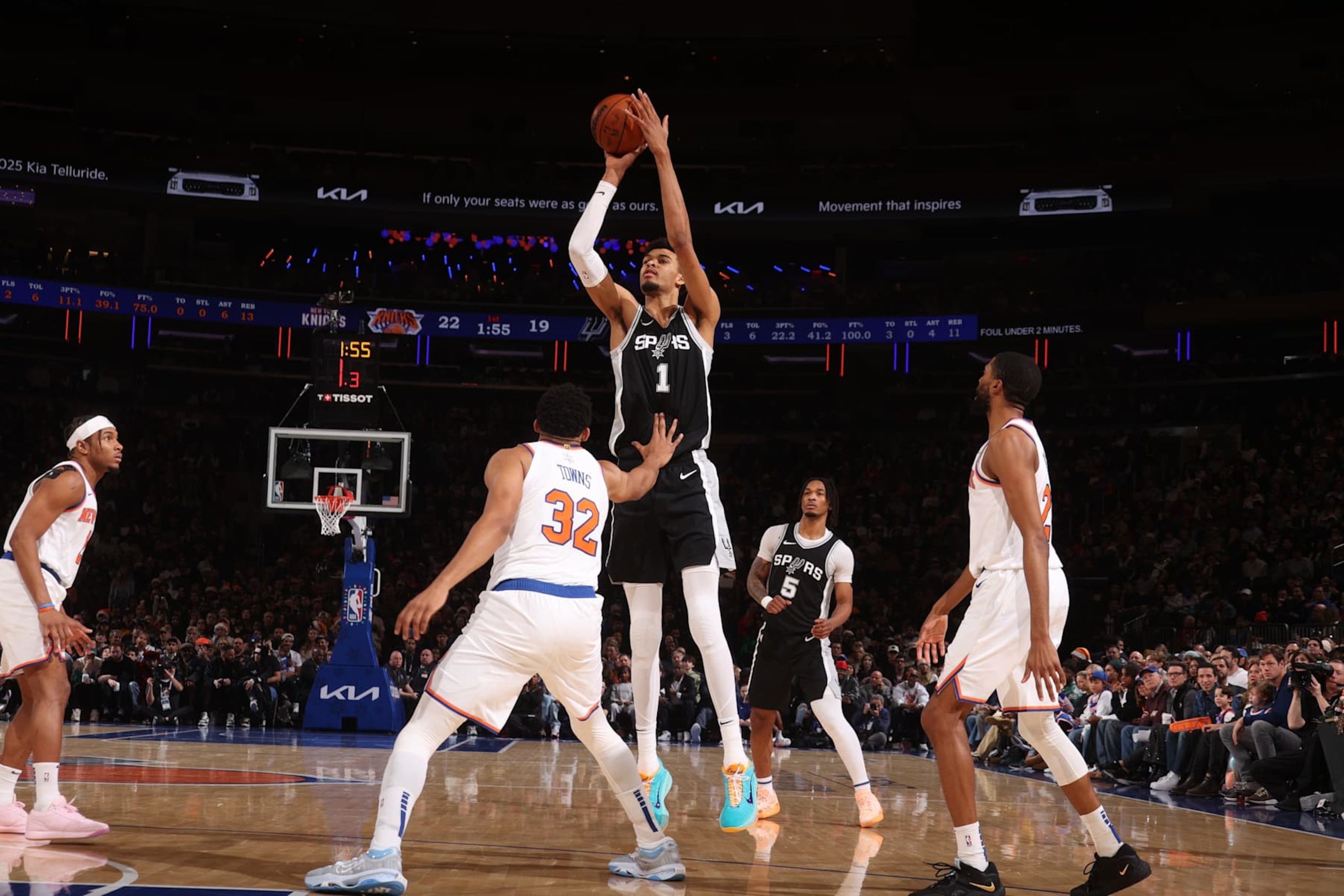 NEW YORK, NY - DECEMBER 25:  Victor Wembanyama #1 of the San Antonio Spurs shoots the ball during the gameagainst the New York Knicks   on December 25, 2024 at Madison Square Garden in New York City, New York.  NOTE TO USER: User expressly acknowledges and agrees that, by downloading and or using this photograph, User is consenting to the terms and conditions of the Getty Images License Agreement. Mandatory Copyright Notice: Copyright 2024 NBAE  (Photo by Nathaniel S. Butler/NBAE via Getty Images)