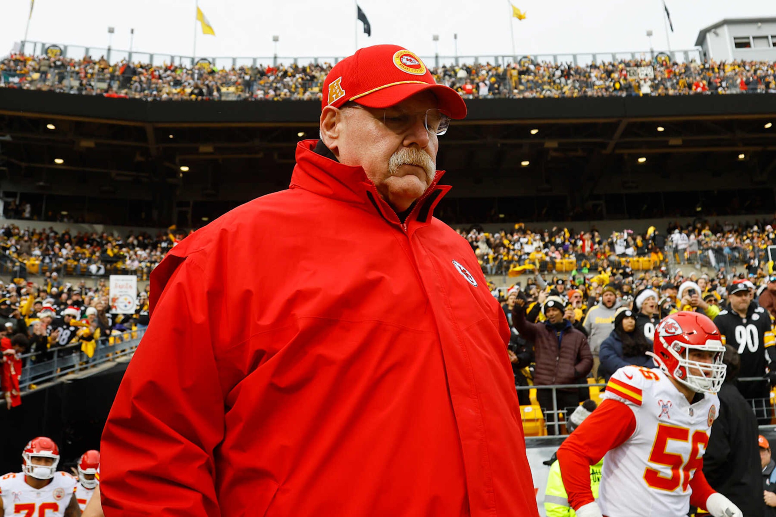 PITTSBURGH, PENNSYLVANIA - DECEMBER 25: Head coach Andy Reid of the Kansas City Chiefs walks onto the field prior to the game against the Pittsburgh Steelers at Acrisure Stadium on December 25, 2024 in Pittsburgh, Pennsylvania. (Photo by Justin K. Aller/Getty Images)