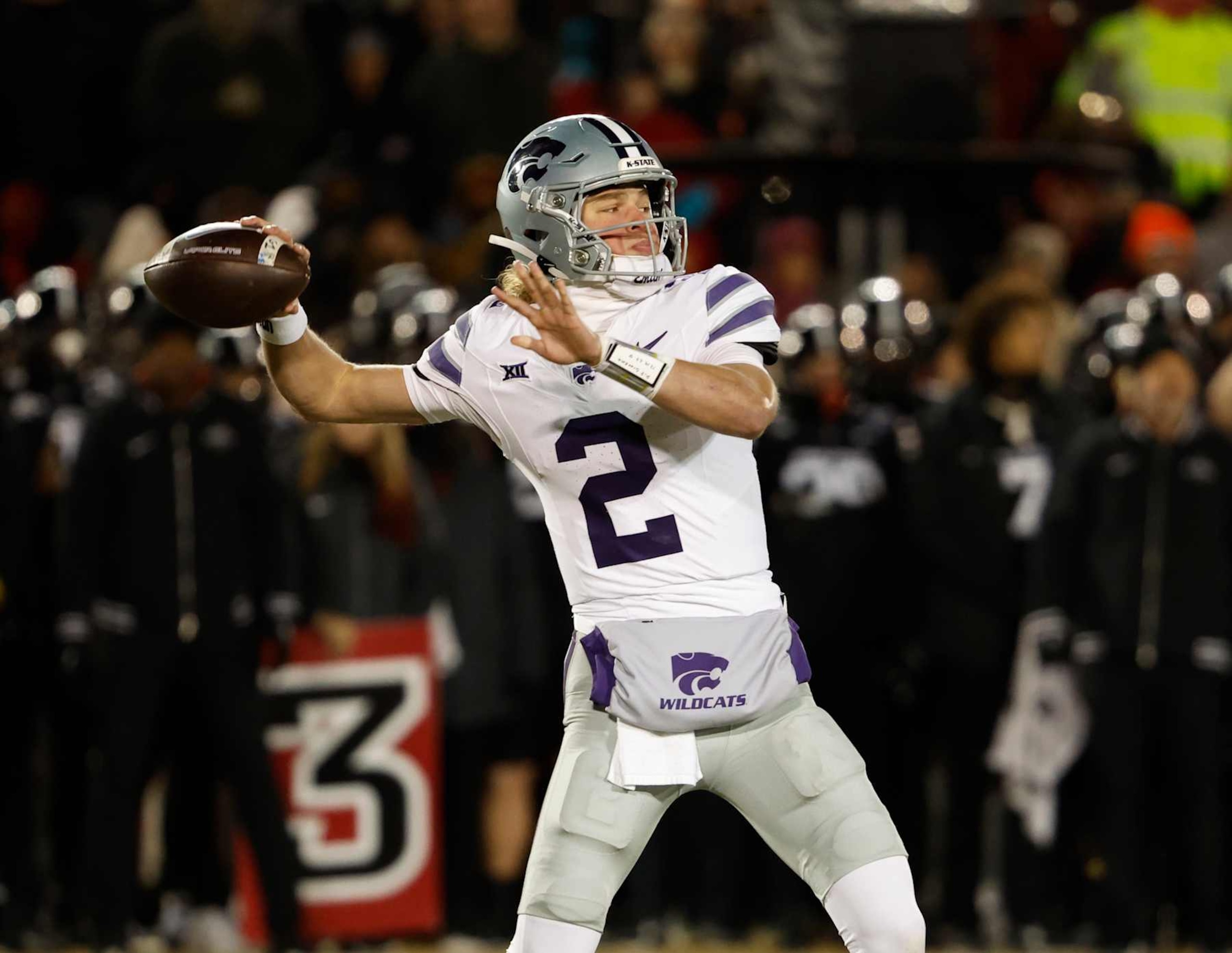 AMES, IA - NOVEMBER 30: Quarterback Avery Johnson #2 of the Kansas State Wildcats throws the ball in the first half of play at Jack Trice Stadium on November 30, 2024, in Ames, Iowa. The Iowa State Cyclones won 29-21 over the Kansas State Wildcats. (Photo by David K Purdy/Getty Images)