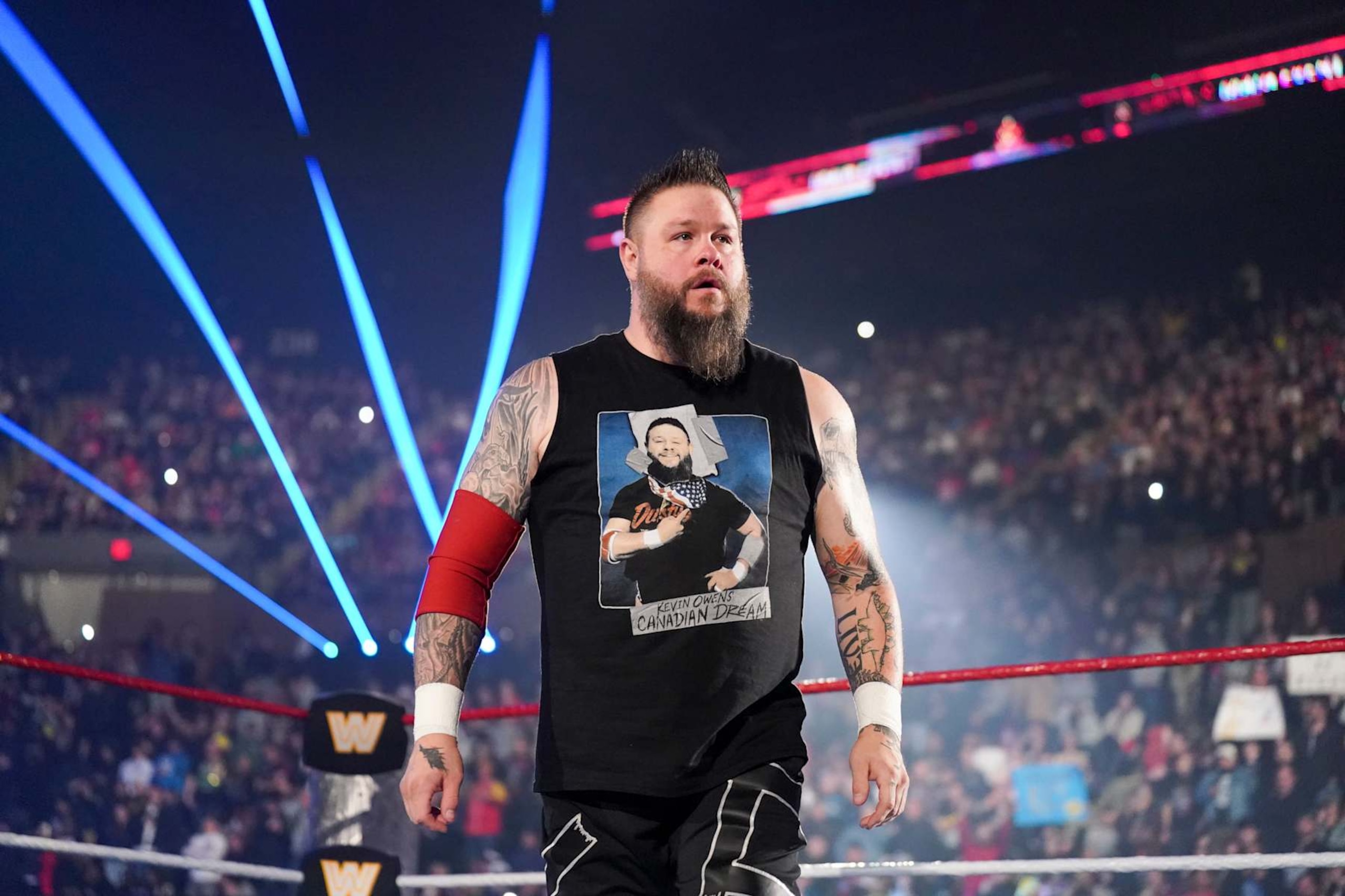 UNIONDALE, NEW YORK - DECEMBER 14: Kevin Owens enters the arena during Saturday Night Main Event at Nassau Veterans Memorial Coliseum on December 14, 2024 in Uniondale, New York.  (Photo by WWE/Getty Images)