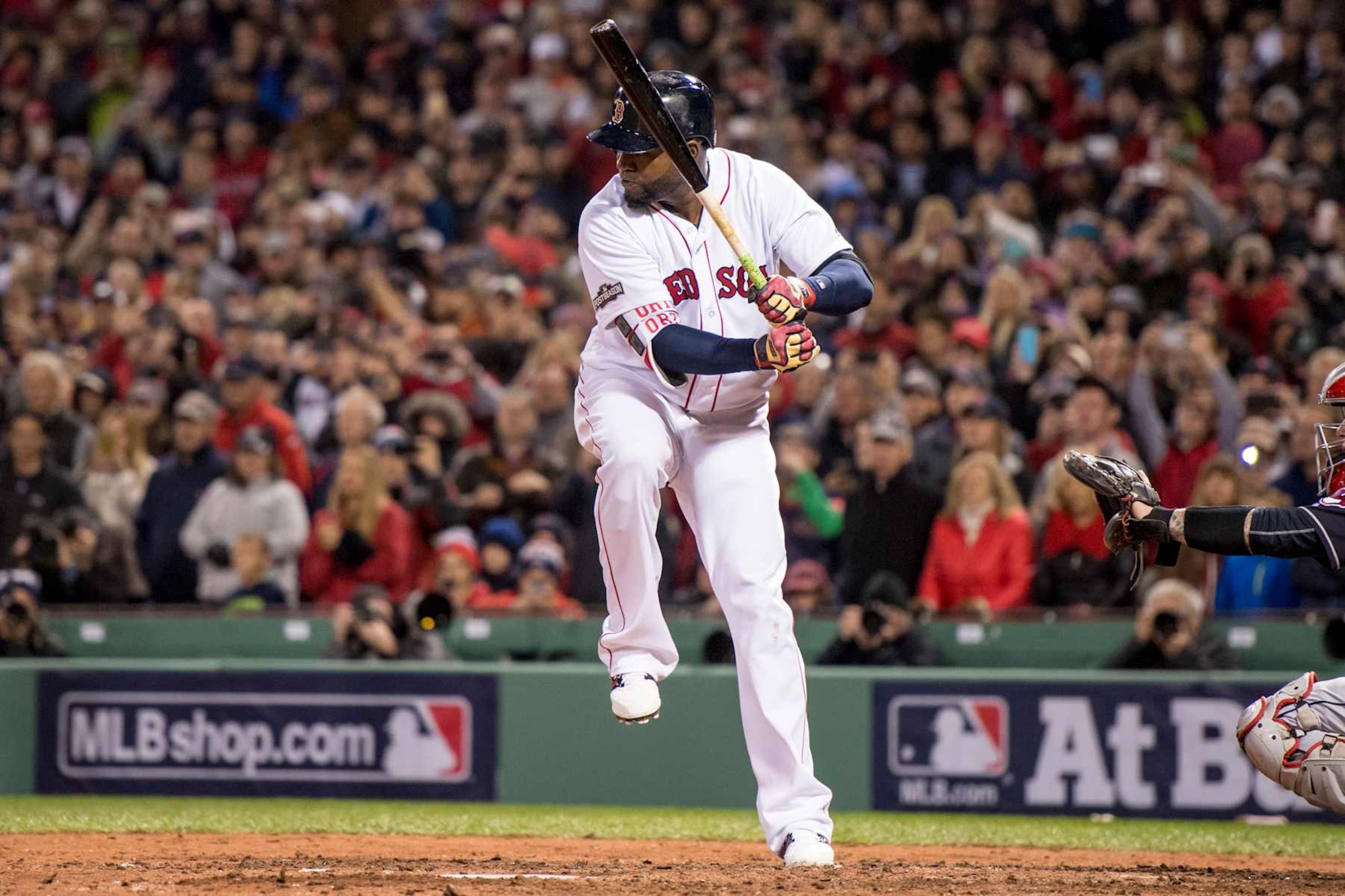 BOSTON, MA - OCTOBER 10: David Ortiz #34 of the Boston Red Sox bats during the final at bat of his career during the eighth inning of game three of the American League Division Series against the Cleveland Indians on October 10, 2016 at Fenway Park in Boston, Massachusetts. (Photo by Billie Weiss/Boston Red Sox/Getty Images)