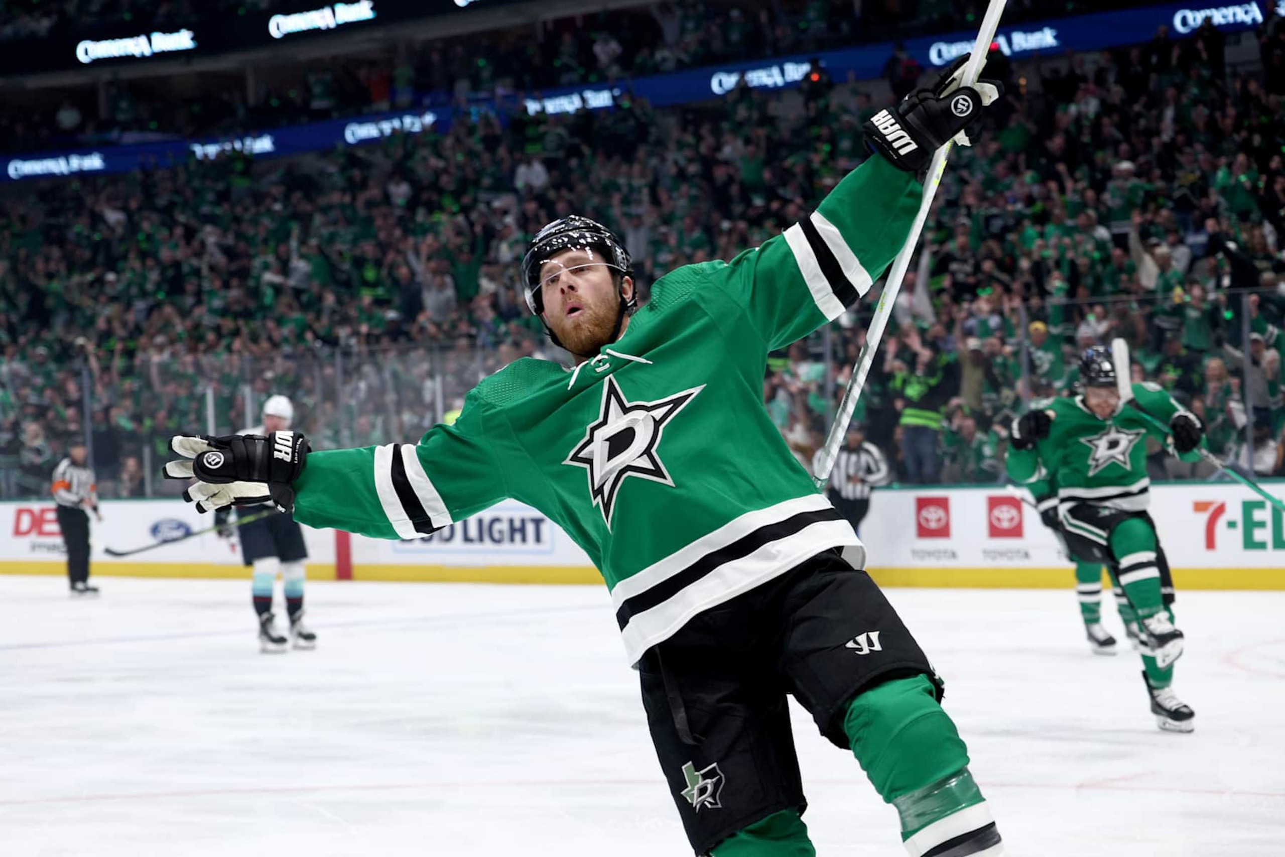 DALLAS, TEXAS - MAY 02: Joe Pavelski #16 of the Dallas Stars celebrates after scoring a goal against the Seattle Kraken in the first period in Game One of the Second Round of the 2023 Stanley Cup Playoffs at American Airlines Center on May 02, 2023 in Dallas, Texas. (Photo by Tom Pennington/Getty Images)