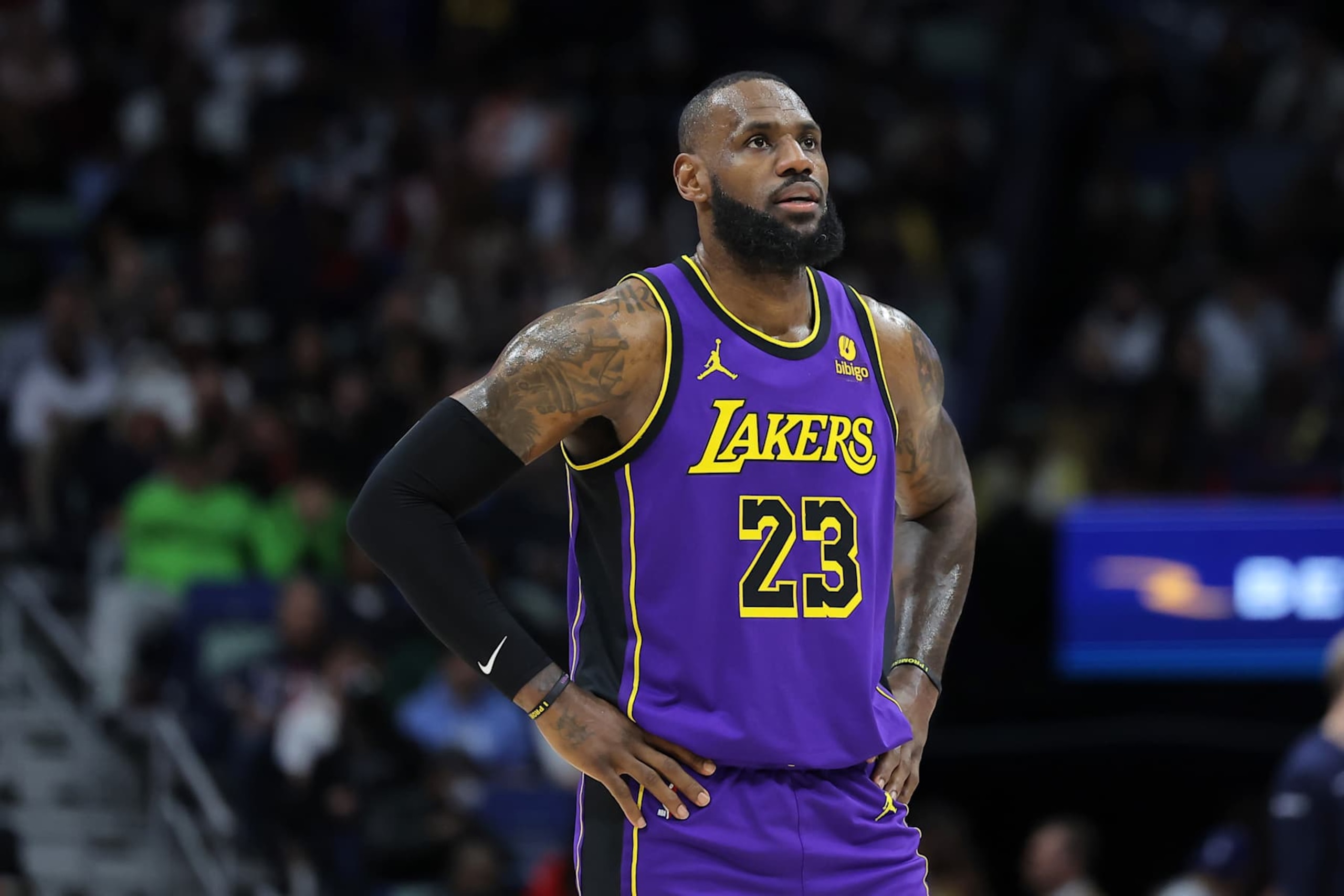 NEW ORLEANS, LOUISIANA - DECEMBER 31: LeBron James #23 of the Los Angeles Lakers reacts against the New Orleans Pelicans during a game at the Smoothie King Center on December 31, 2023 in New Orleans, Louisiana. NOTE TO USER: User expressly acknowledges and agrees that, by downloading and or using this Photograph, user is consenting to the terms and conditions of the Getty Images License Agreement. (Photo by Jonathan Bachman/Getty Images)