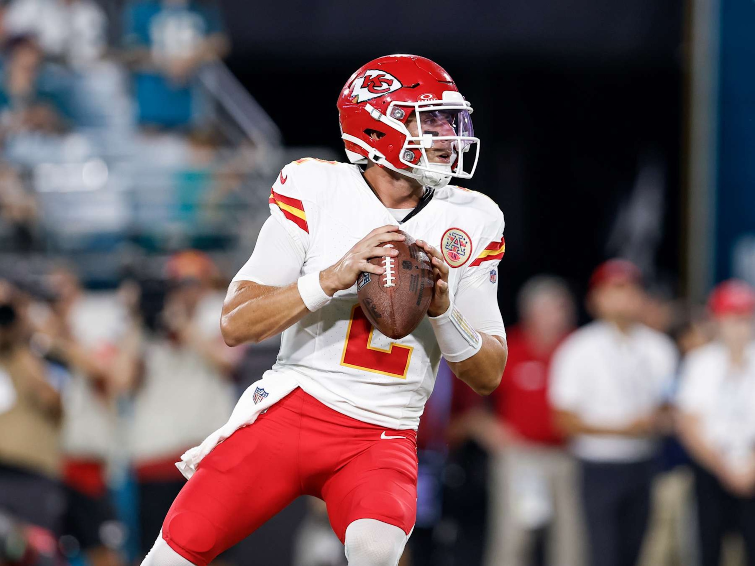 JACKSONVILLE, FL - AUGUST 10: Quarterback Ian Book #2 of the Kansas City Chiefs on a pass play during a preseason game against the Jacksonville Jaguars at EverBank Stadium on August 10, 2024 in Jacksonville, Florida. The Jaguars defeated the Chiefs 26 to 13. (Photo by Don Juan Moore/Getty Images)