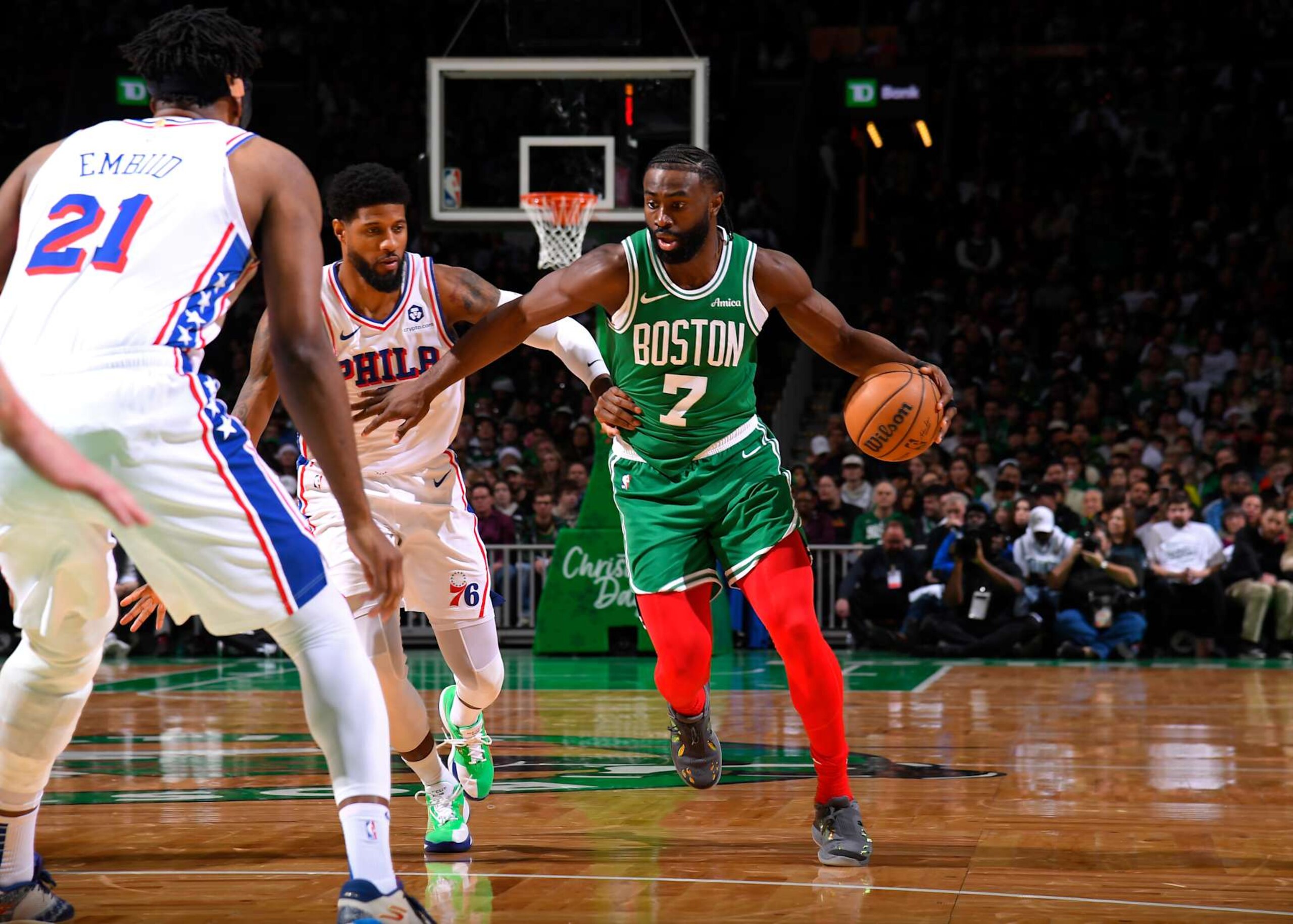Joel Embiid, Paul George and Jaylen Brown Joel Embiid, Paul George and Jaylen Brown
