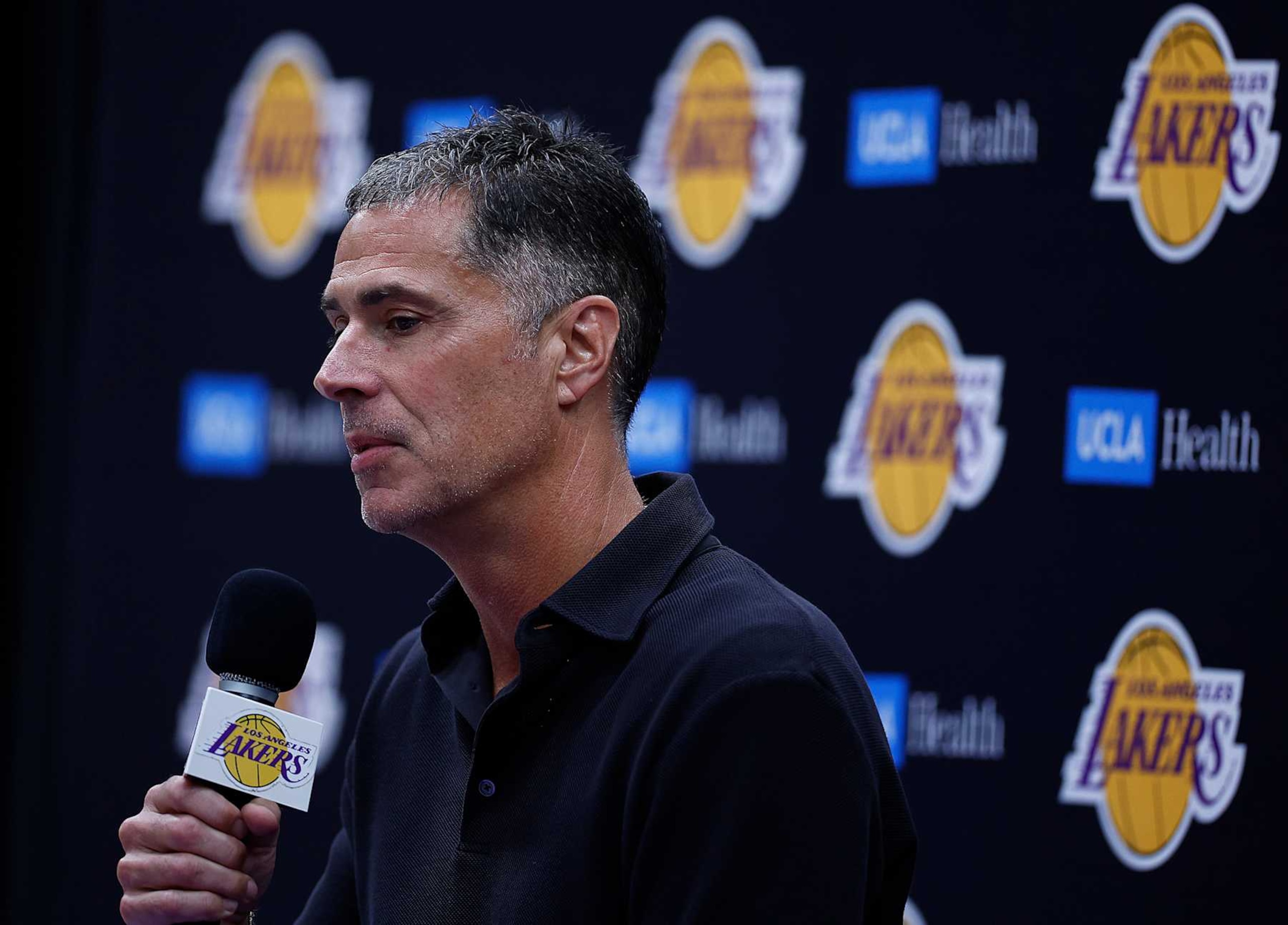 EL SEGUNDO, CALIFORNIA - SEPTEMBER 25: General Manager Rob Pelinka of the Los Angeles Lakers speaks with the media during a press conference at UCLA Health Training Center on September 25, 2024 in El Segundo, California.  NOTE TO USER: User expressly acknowledges and agrees that, by downloading and or using this photograph, User is consenting to the terms and conditions of the Getty Images License Agreement. (Photo by Ronald Martinez/Getty Images)