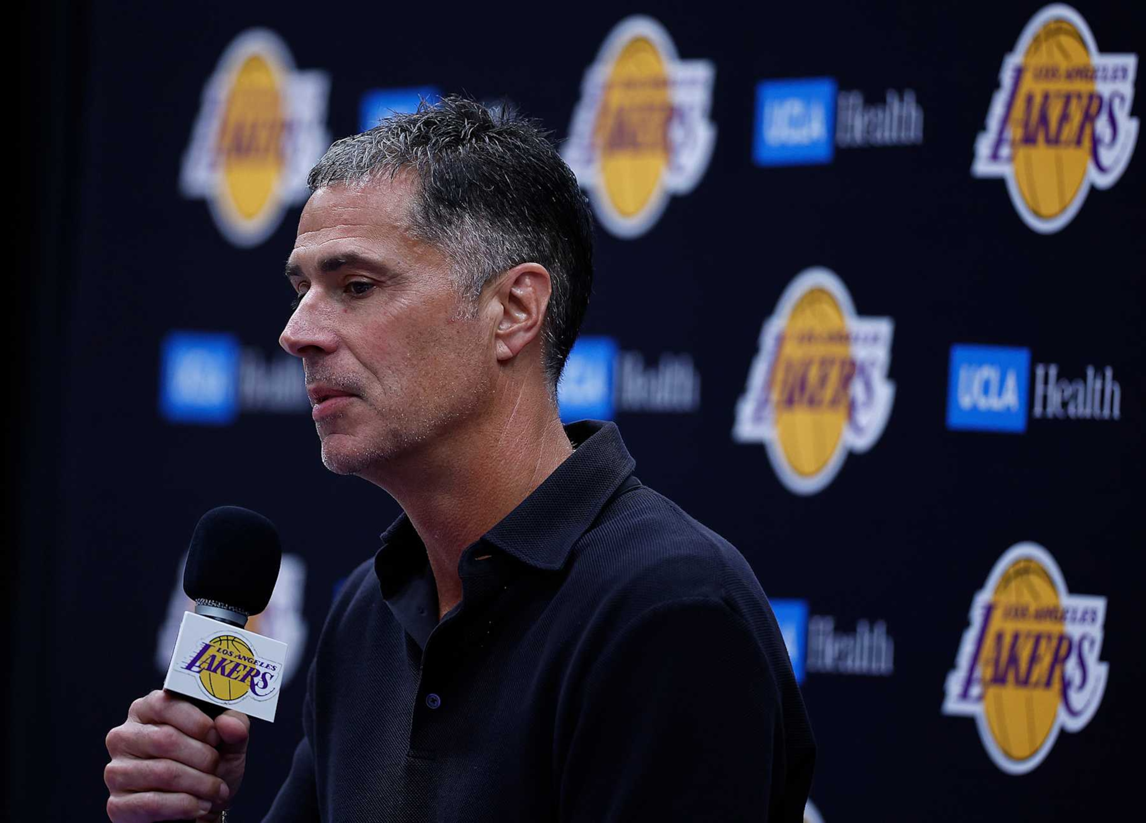 EL SEGUNDO, CALIFORNIA - SEPTEMBER 25: General Manager Rob Pelinka of the Los Angeles Lakers speaks with the media during a press conference at UCLA Health Training Center on September 25, 2024 in El Segundo, California.  NOTE TO USER: User expressly acknowledges and agrees that, by downloading and or using this photograph, User is consenting to the terms and conditions of the Getty Images License Agreement. (Photo by Ronald Martinez/Getty Images)
